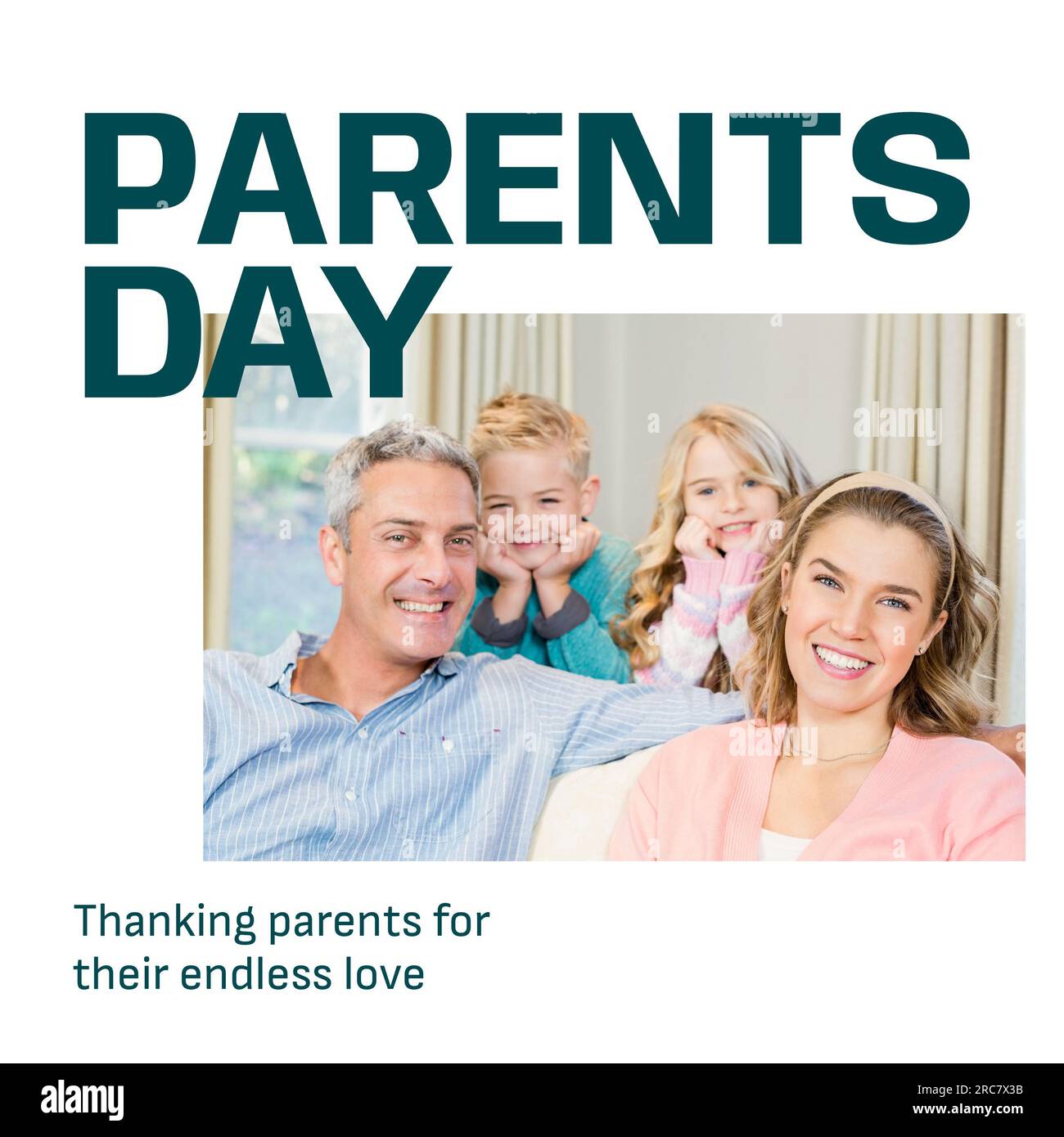 Parents day text on white with portrait of happy caucasian parents, son and daughter at home Stock Photo