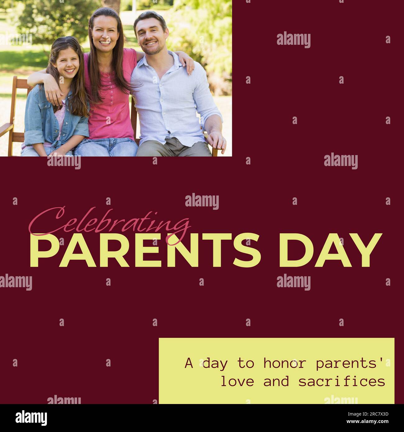 Celebrating parents day text with happy caucasian parents and daughter sitting in sunny park Stock Photo