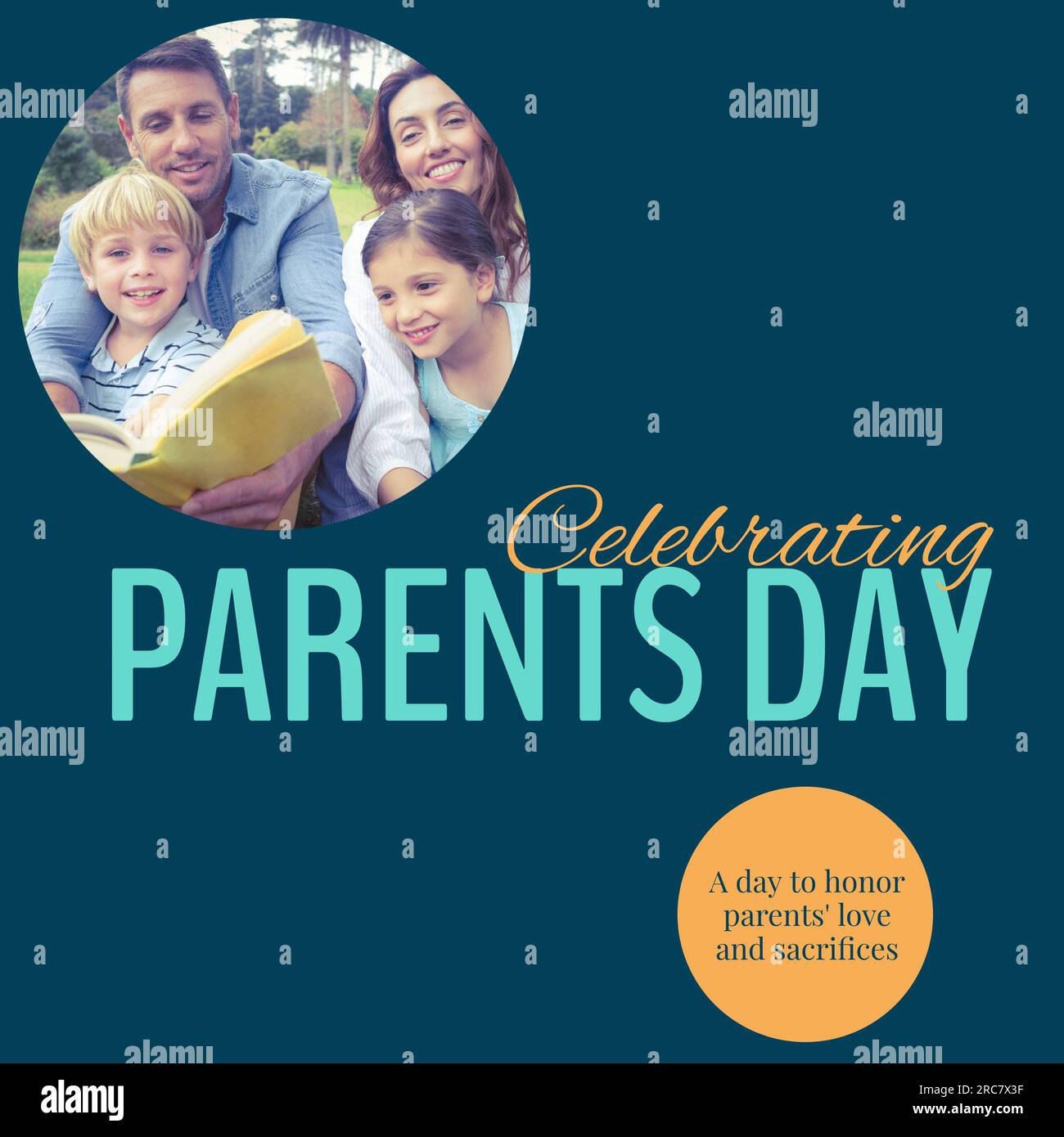 Celebrating parents day text with happy caucasian parents, son and