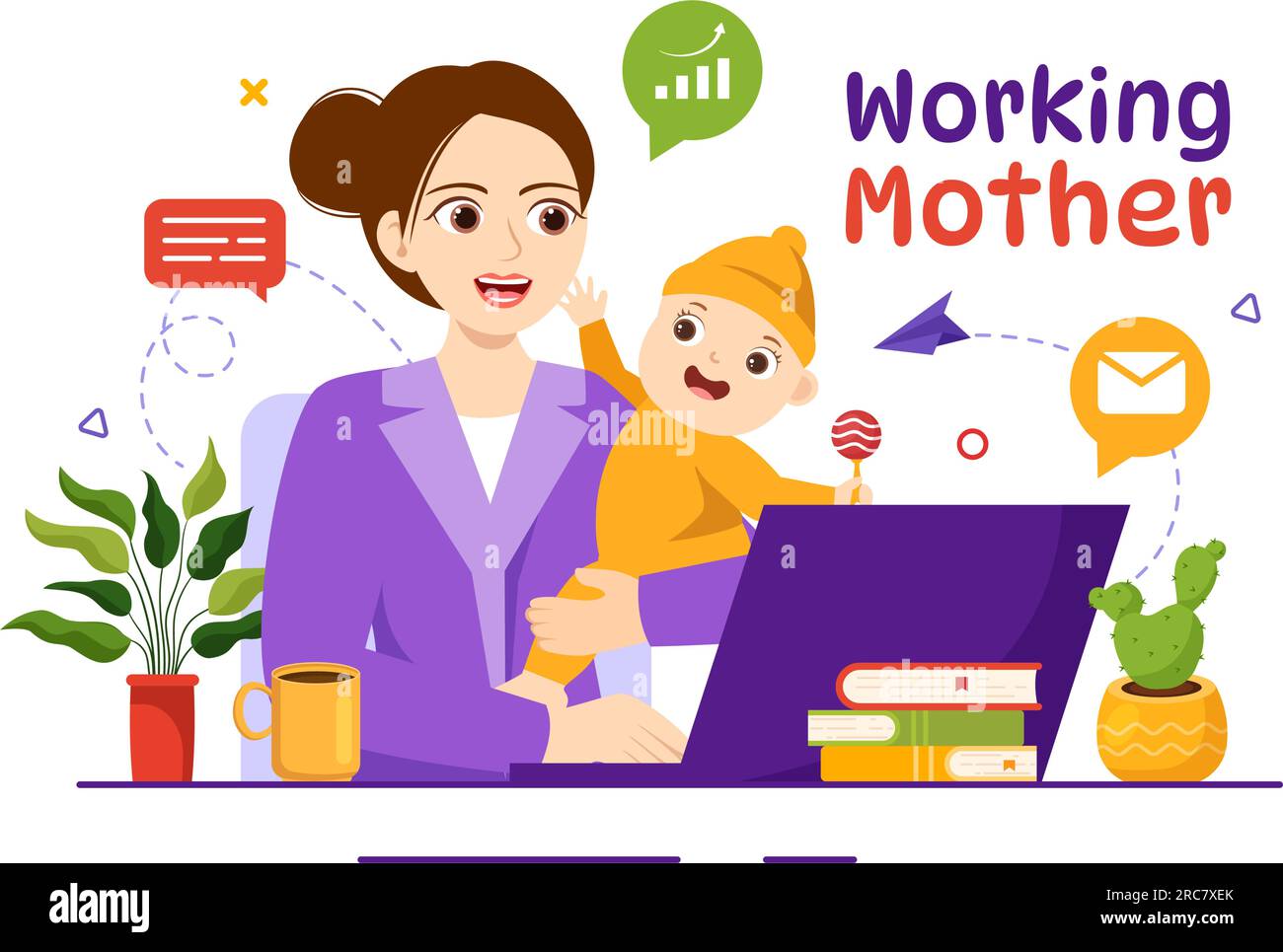 Working Mother Vector Illustration with Mothers who does Work and Takes Care of her Kids at the Home in Multitasking Cartoon Hand Drawn Templates Stock Vector