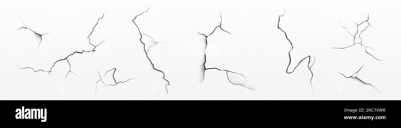 Paint wall crack effect vector set on transparent background. Isolated cleft pattern brush for grunge destruction design. Old plaster or stucco scratc Stock Vector