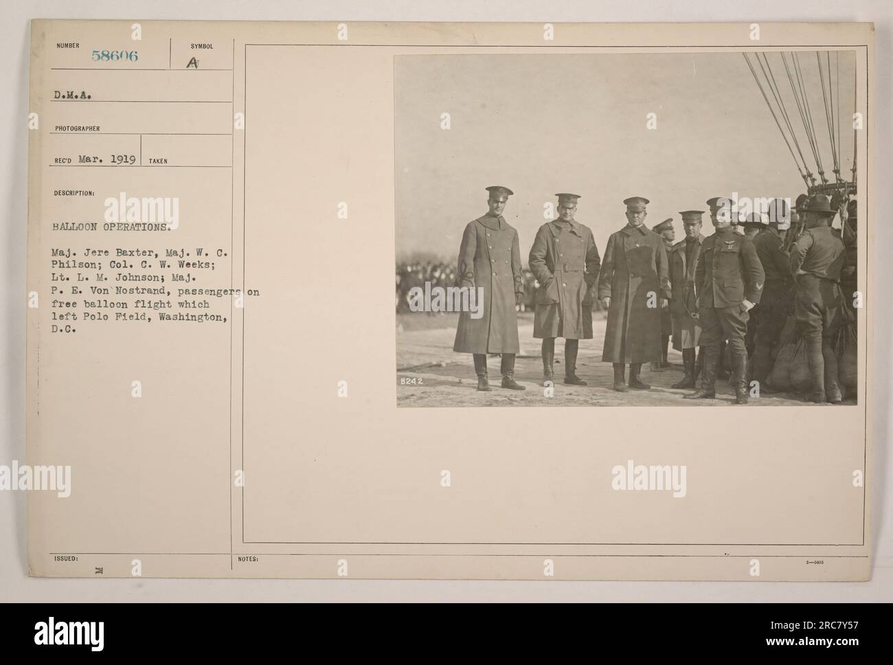 Major Jere Baxter, Major W.C. Philson, Colonel C.W. Weeks, Lieutenant L.M. Johnson, and Major P.E. Von Nostrand seen as passengers on a free balloon flight that departed from Polo Field in Washington, D.C. This image is part of a collection of photographs depicting American military activities during World War One. Stock Photo