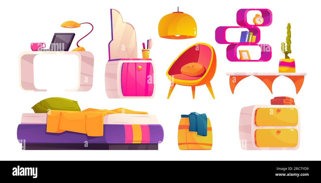 Girl bedroom interior with bed, pink shelf with books, laptop on desk