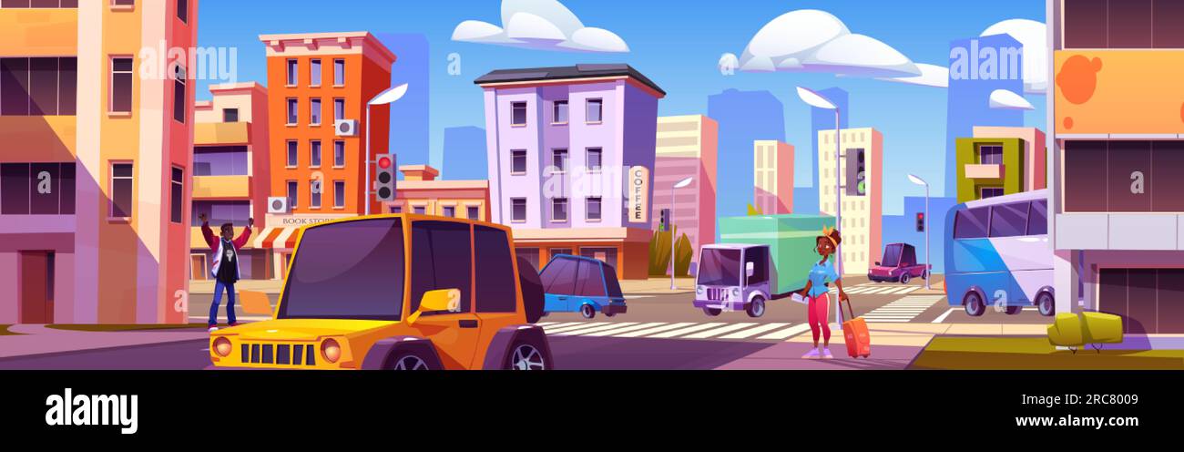 Cartoon city street with intensive traffic and pedestrians. Vector ...