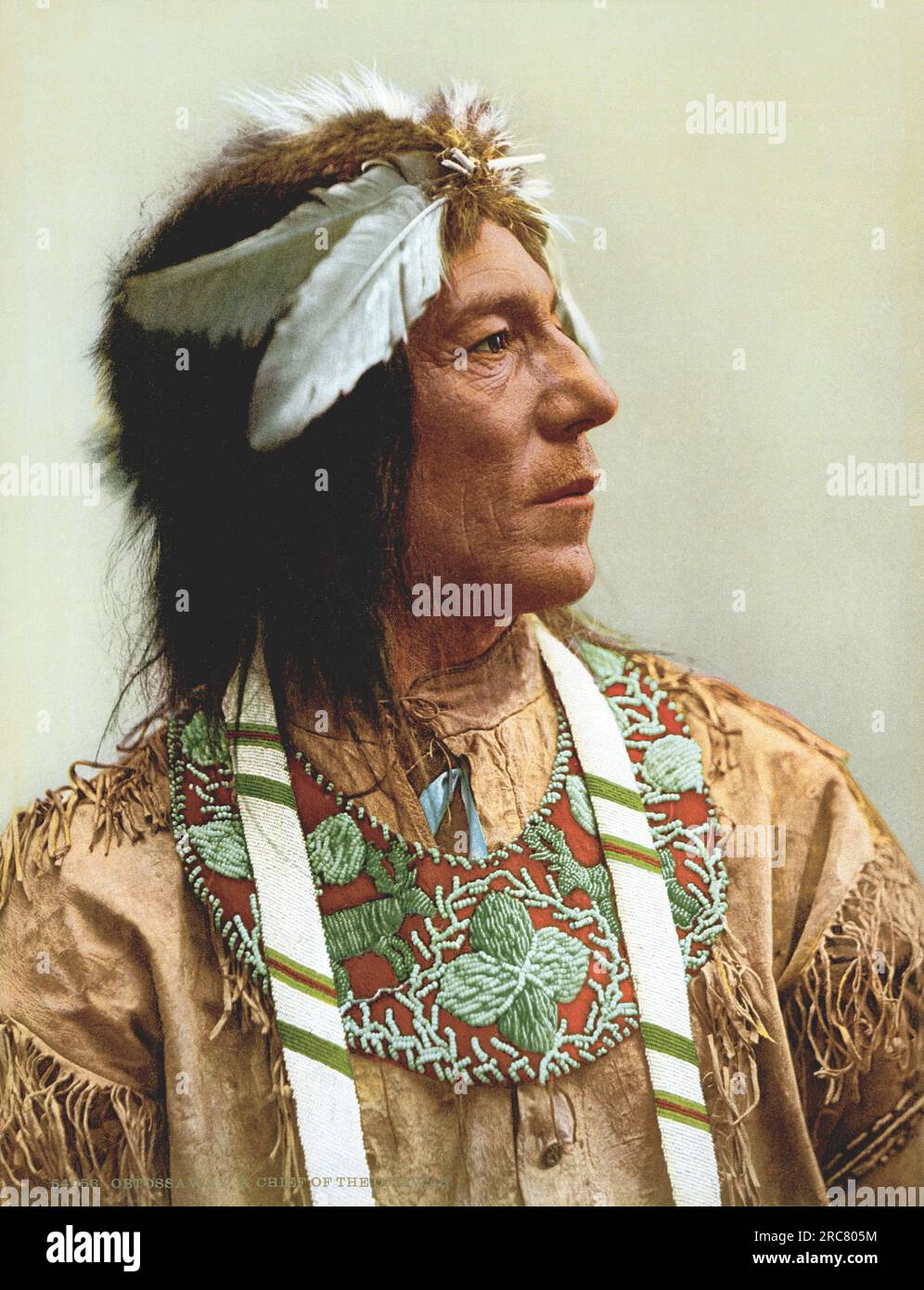MInnesota: c. 1903 A photochrome portrait of Obtossaway, a chief of the Ojibwa Tribe. Stock Photo