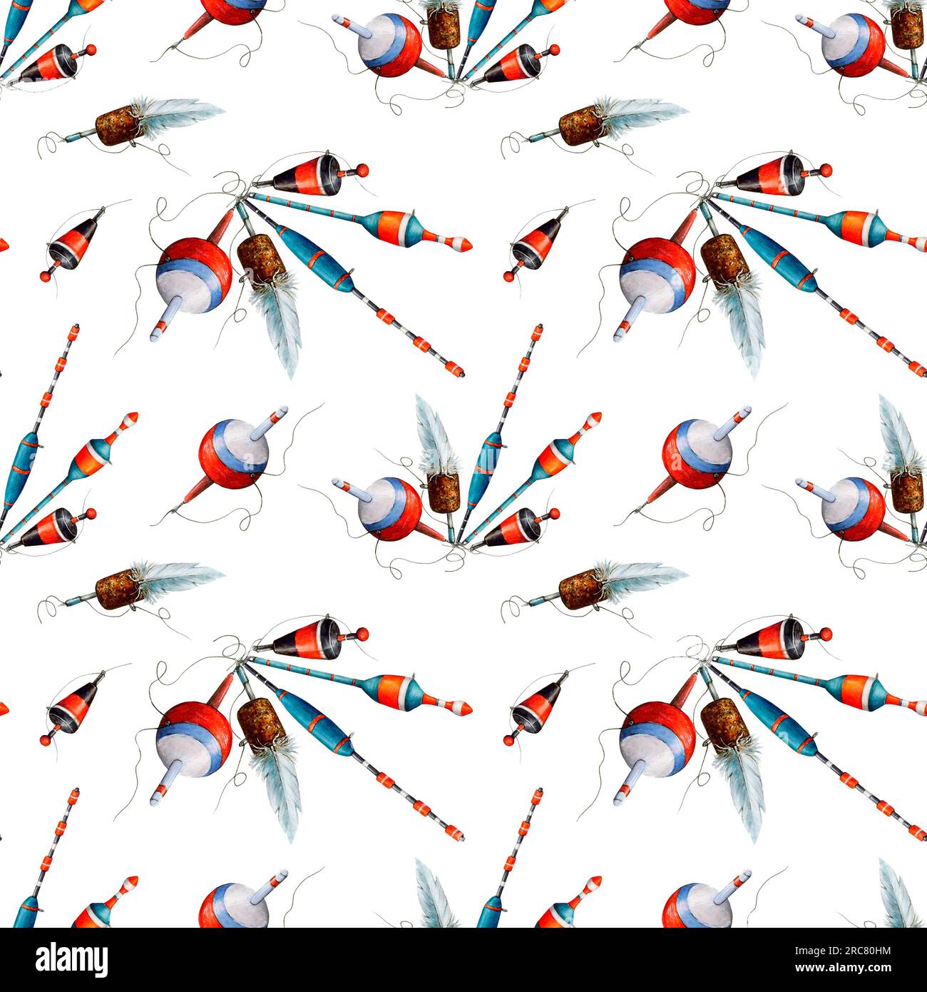 Watercolor drawing pattern from various fishing bobblers, red, white, blue  and black with fishing line on white background. Angling gear for Stock  Photo - Alamy