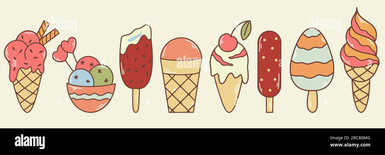 Hand drawn ice cream in waffle, cone, on stick in bowl. Retro set of ...