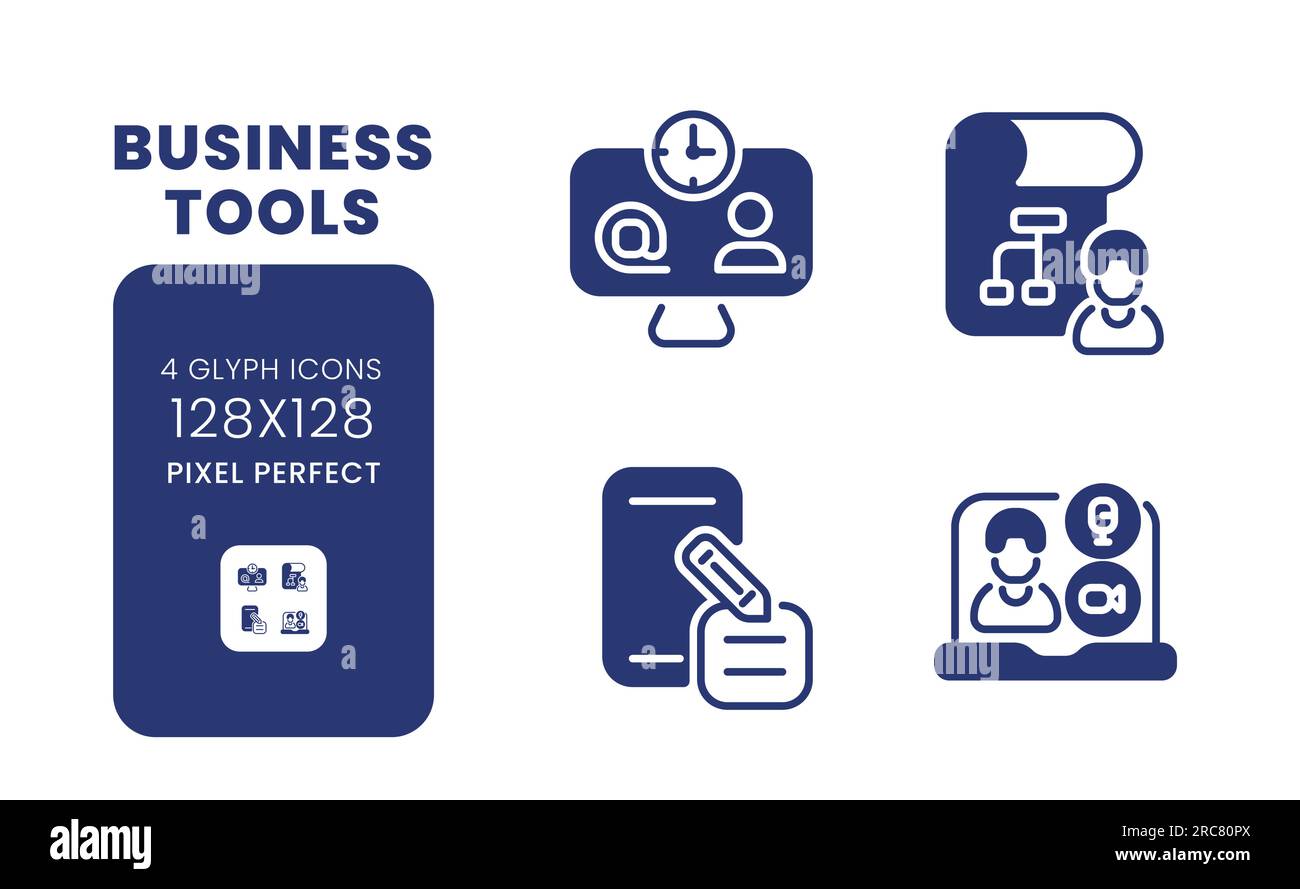 Business tools black solid desktop icons pack Stock Vector