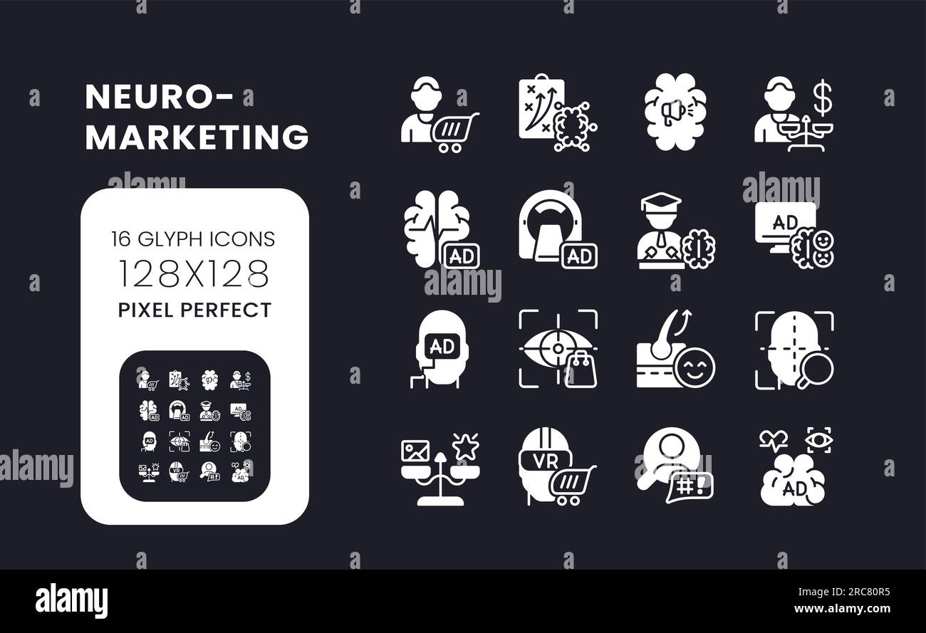 Neuromarketing white solid desktop icons set Stock Vector