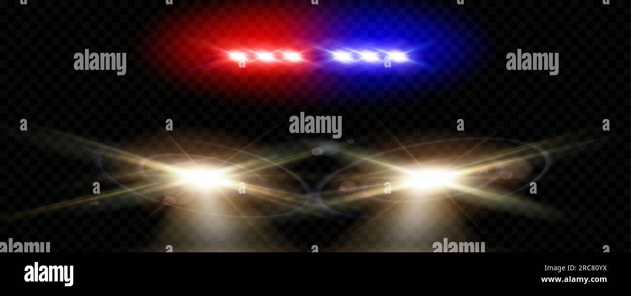 Realistic police car headlights blinking with red, blue colors on