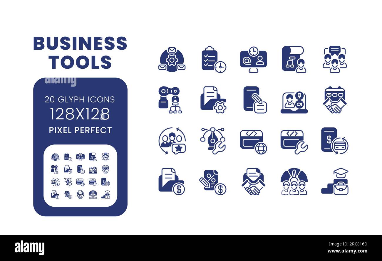Business tools black solid desktop icons pack Stock Vector