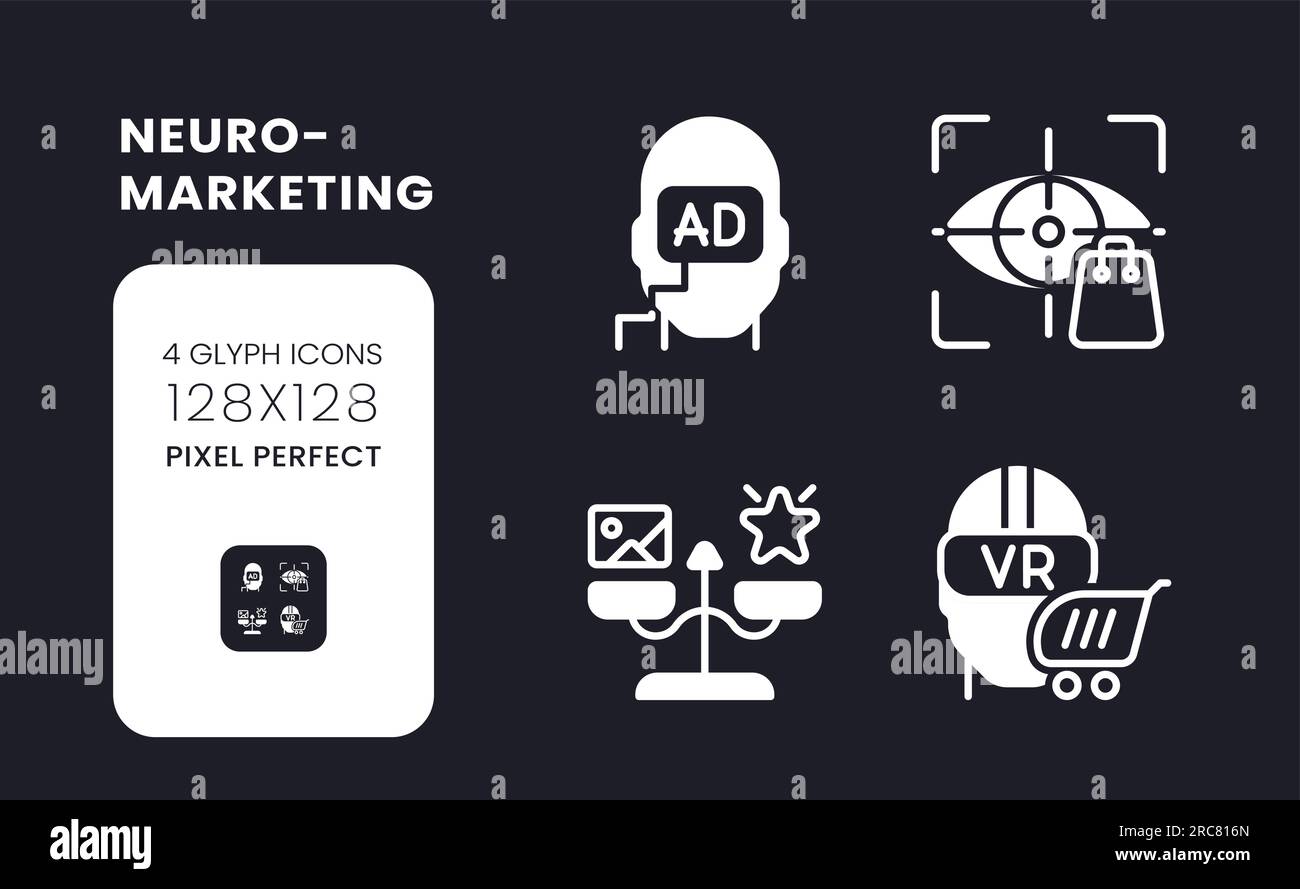 Neuromarketing white solid desktop icons set Stock Vector
