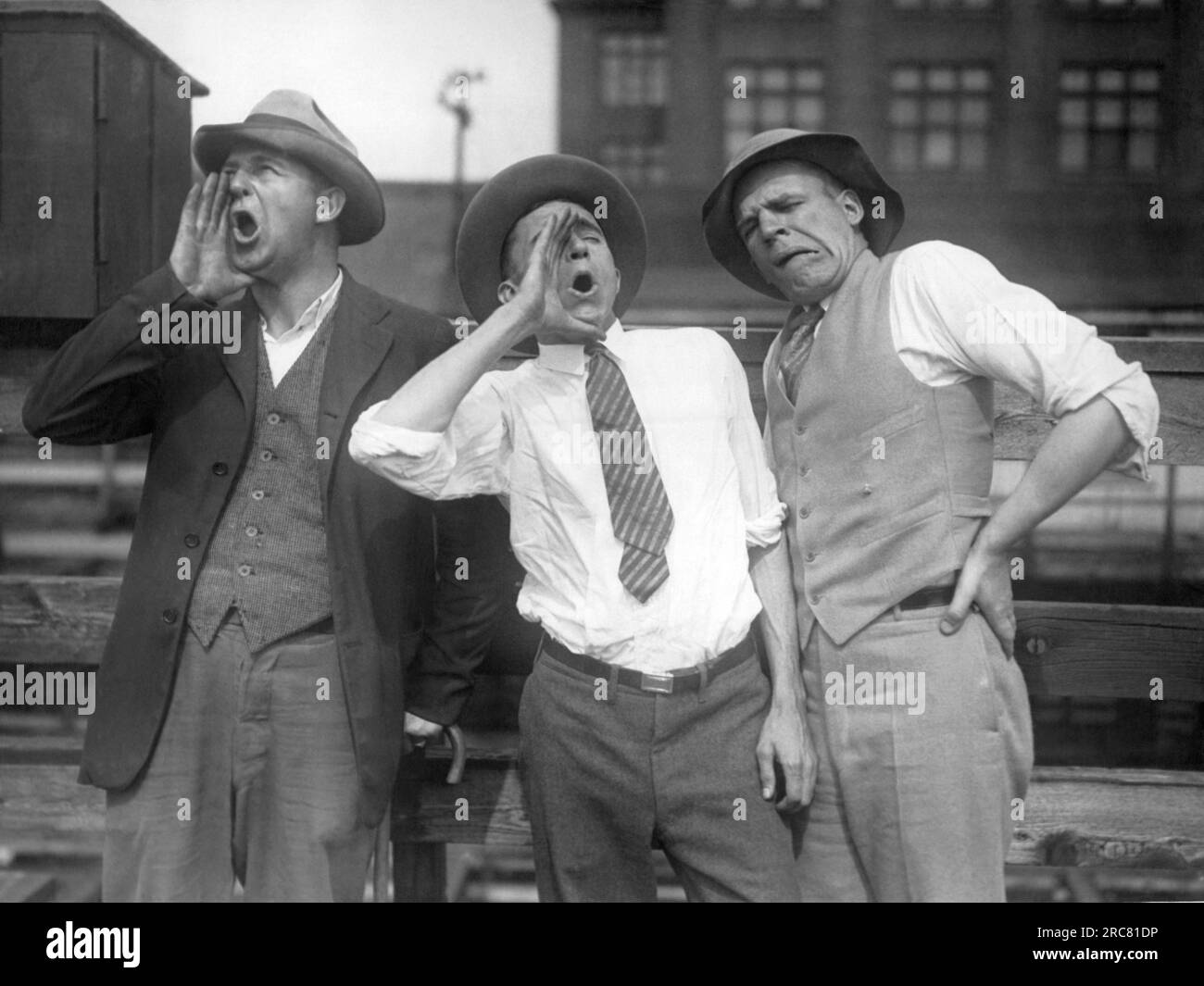 Chicago, Illinois:  September 17, 1926 Three Chicago hog callers practice for a national championship to take place this Saturday Stock Photo
