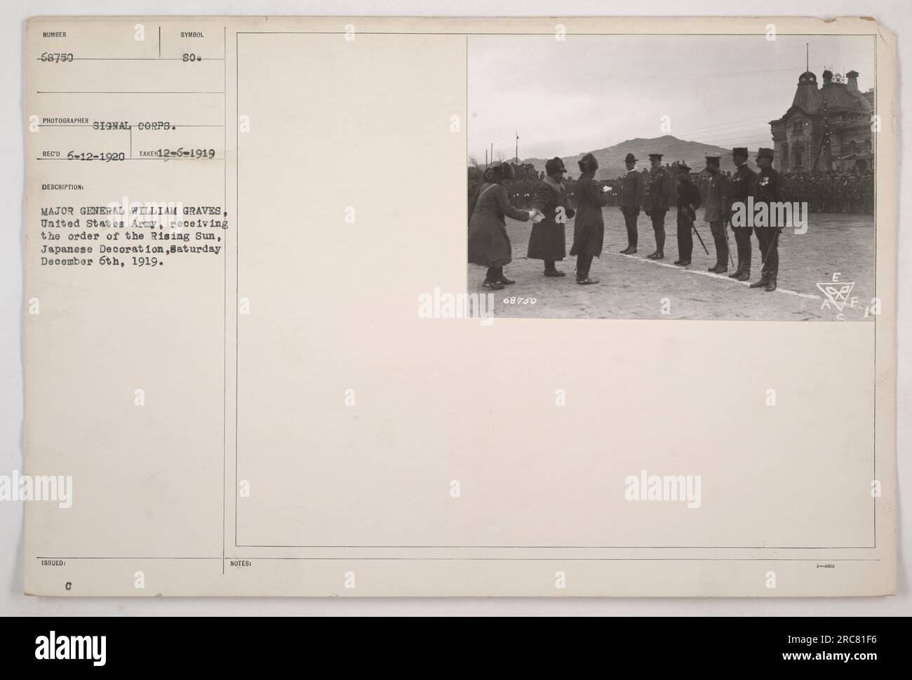 Major General William Graves of the United States Army receiving the Order of the Rising Sun, a Japanese decoration, on Saturday, December 6th, 1919. The photograph is numbered 68750 and was taken by the Signal Corps. It was recorded on December 6th, 1919 and issued with the symbol 80. Additional notes were made with the symbol 68950. Stock Photo