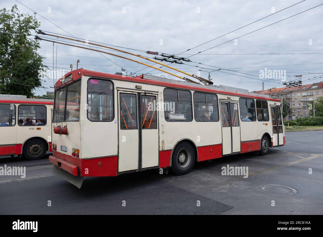 Old Skoda Trolley Buses in a street in Vilnius, Lithuania. Public Transport VVT (Vilniaus viešasis transportas) Stock Photo