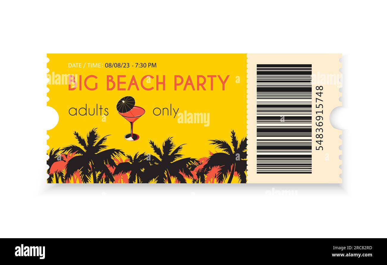 Adult beach party ticket template. Entrance ticket with a picture of