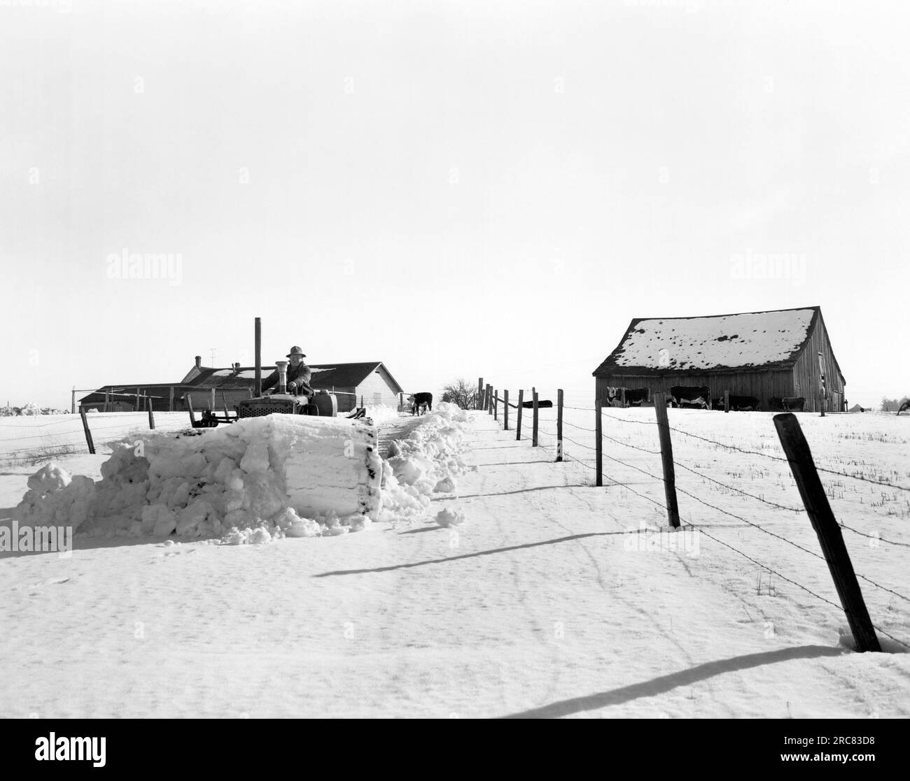 Rockford, Washington:  February, 1954 A farmer is using his D4 Caterpillar tractor to plow snow from his roads. Stock Photo