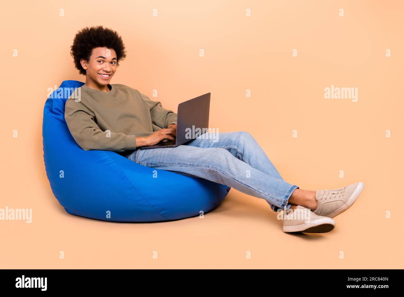 Full body size photo of positive it specialist guy coding python script ...