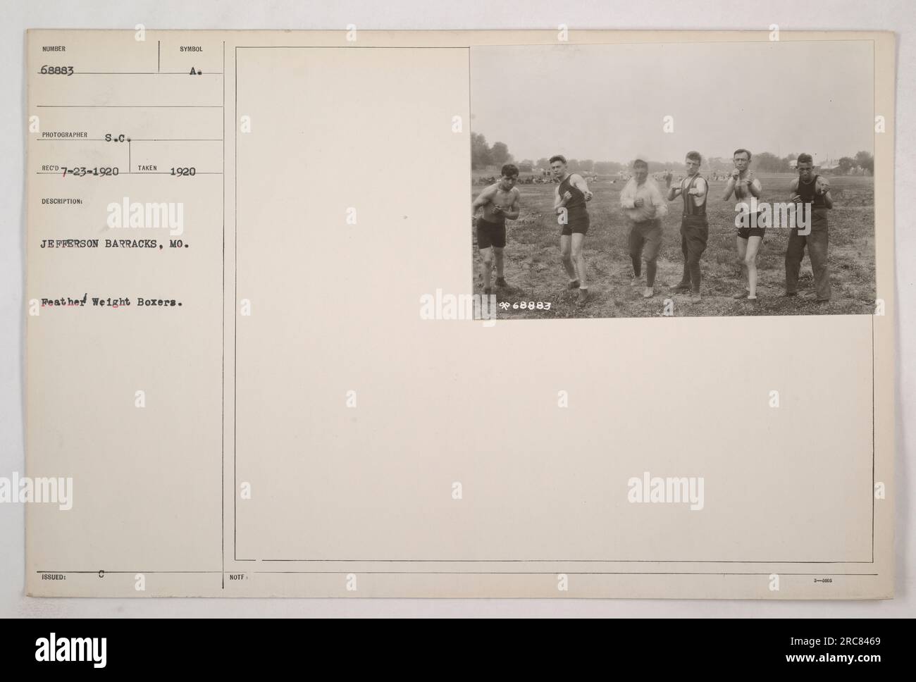 Image depicts a group of featherweight boxers at Jefferson Barracks, Missouri in 1920. The photograph was taken by photographer S.C. Reco on July 23, 1920. The boxers are identified by their assigned ID number 68883. Description symbol indicates they were part of the military activities during World War One. Stock Photo