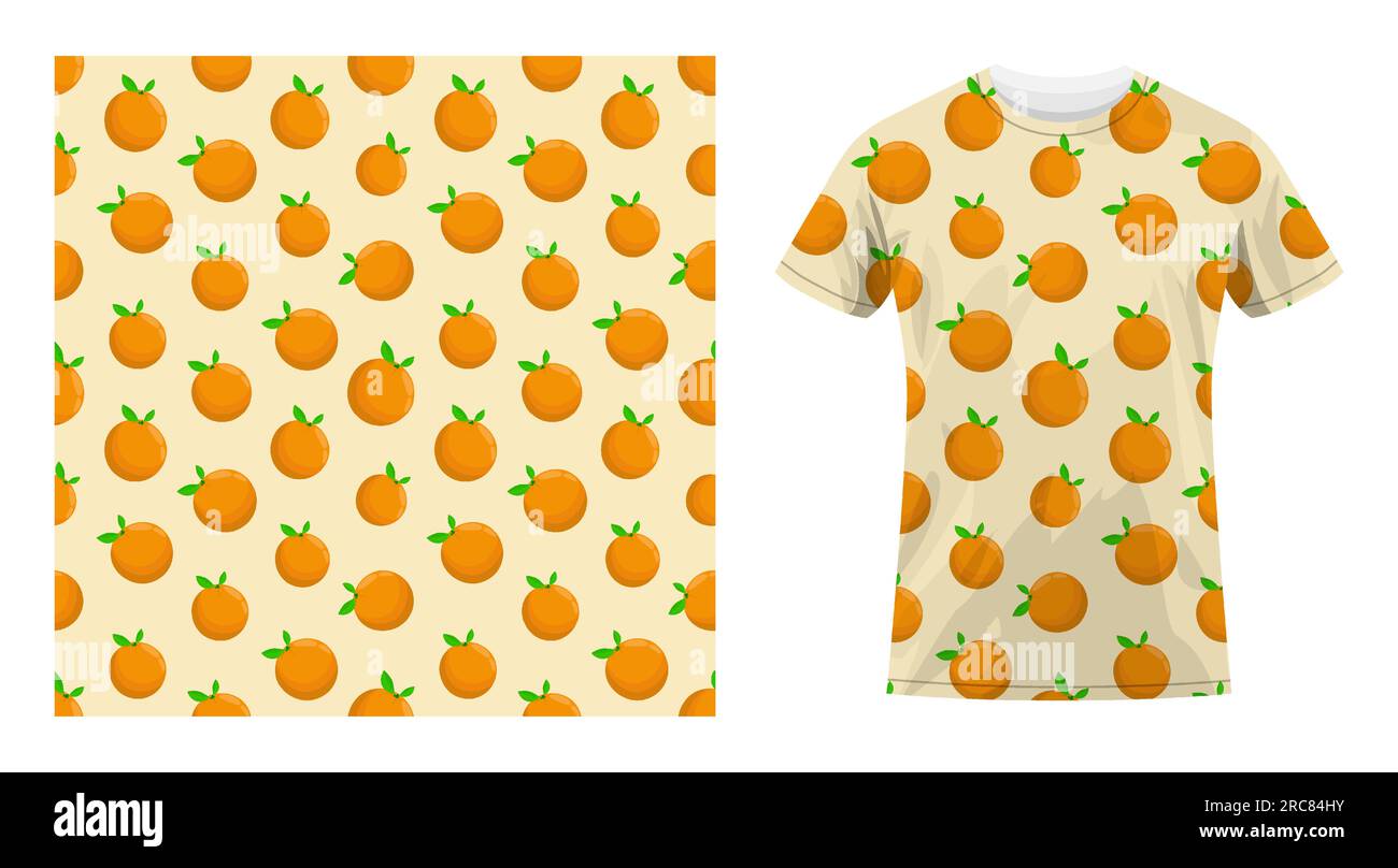 Short sleeved cotton sports t shirt decorated seamless pattern with whole orange and leaves. Comfortable summer clothes. Vector ornament for design of Stock Vector