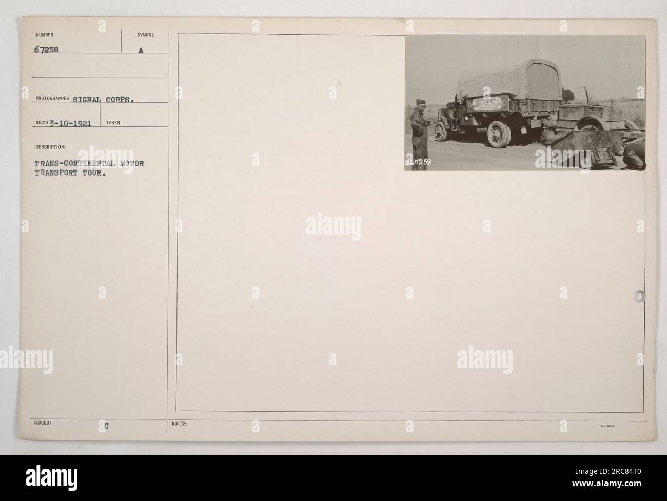 Image caption: Trans-continental Motor Transport Tour featuring the symbol issued during World War I. This photograph, taken on March 10, 1921, by a photographer from the Signal Corps, highlights the transportation arrangements made during this tour. The image features a symbol that was issued for the tour, denoted as L/7258. Stock Photo