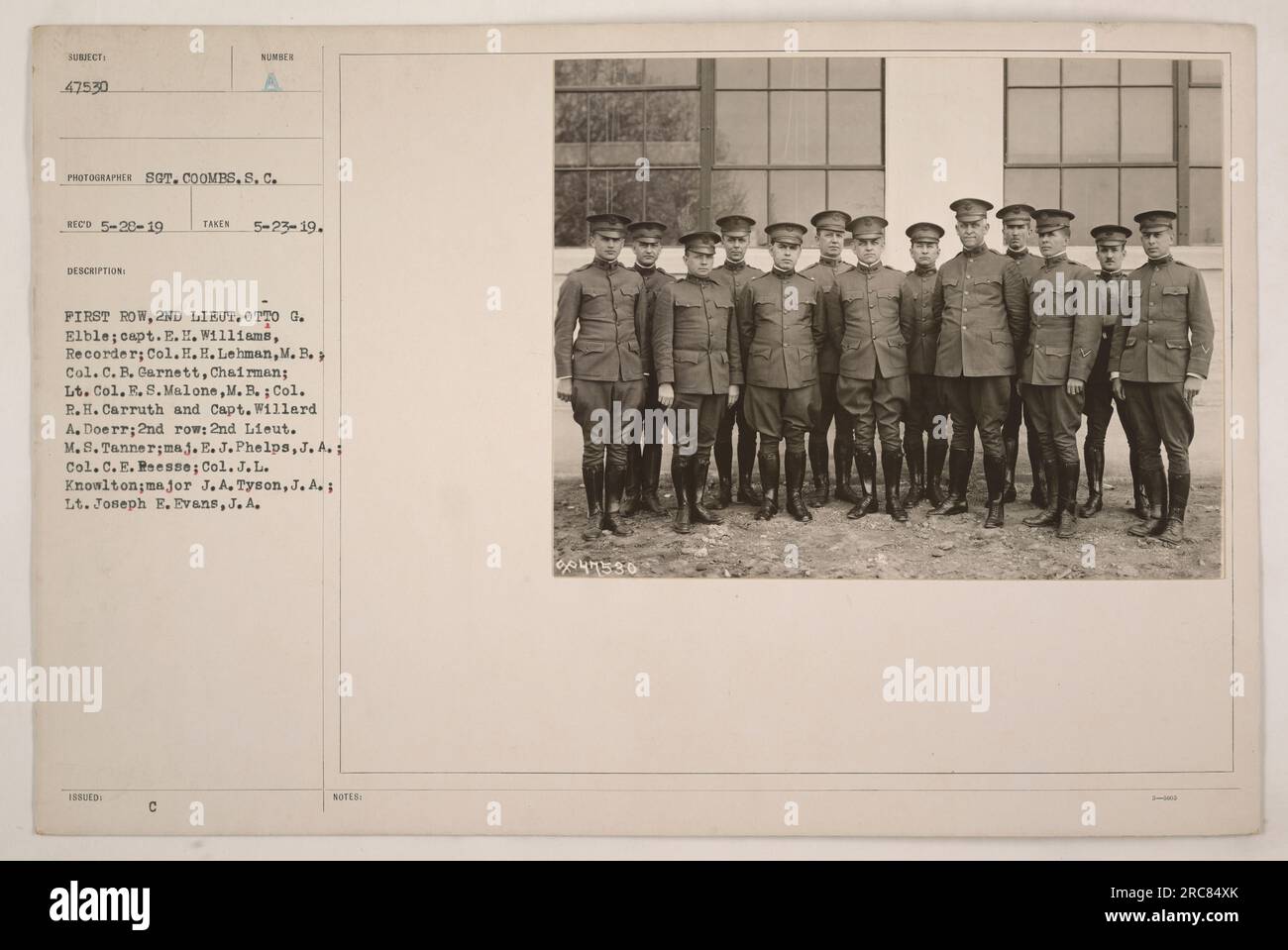 Group photo of the military personnel involved in a meeting. First row consists of 2nd Lieutenant Otto G. Elble, Captain E.H. Williams (Recorder), Colonel H.H. Lehman (M.B.), Colonel C.B. Garnett (Chairman), Lieutenant Colonel E.S. Malone (M.B.), Colonel R.H. Carruth, and Captain Willard A. Doerr. Second row includes 2nd Lieutenant M.S. Tanner, Major E.J. Phelps, Colonel C.E. Reesse, Colonel J.L. Knowlton, Major J.A. Tyson, and Lieutenant Joseph E. Evans. The photograph was taken on May 23, 1919, and was numbered 47530 in the collection. Stock Photo