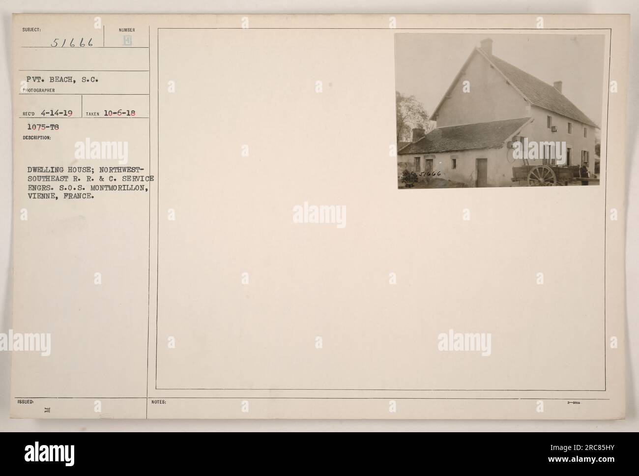 This photograph depicts a dwelling house located near the Northwest-Southeast R.R. & C. Service Engrs. S.O.S. Montmorillon in Vienne, France. The photograph was taken on October 6, 1918, by Private Beach of South Carolina. The description number is B, and it was issued as part of a collection identified as 1075-T8. Stock Photo
