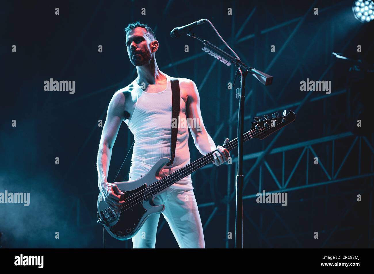 TORINO, STUPINIGI SONIC PARK FESTIVAL 2023, ITALY: Stefan Olsdal, bassist–guitarist of the British alternative rock band performing live on stage at the Stupinigi Sonic Park festival Stock Photo