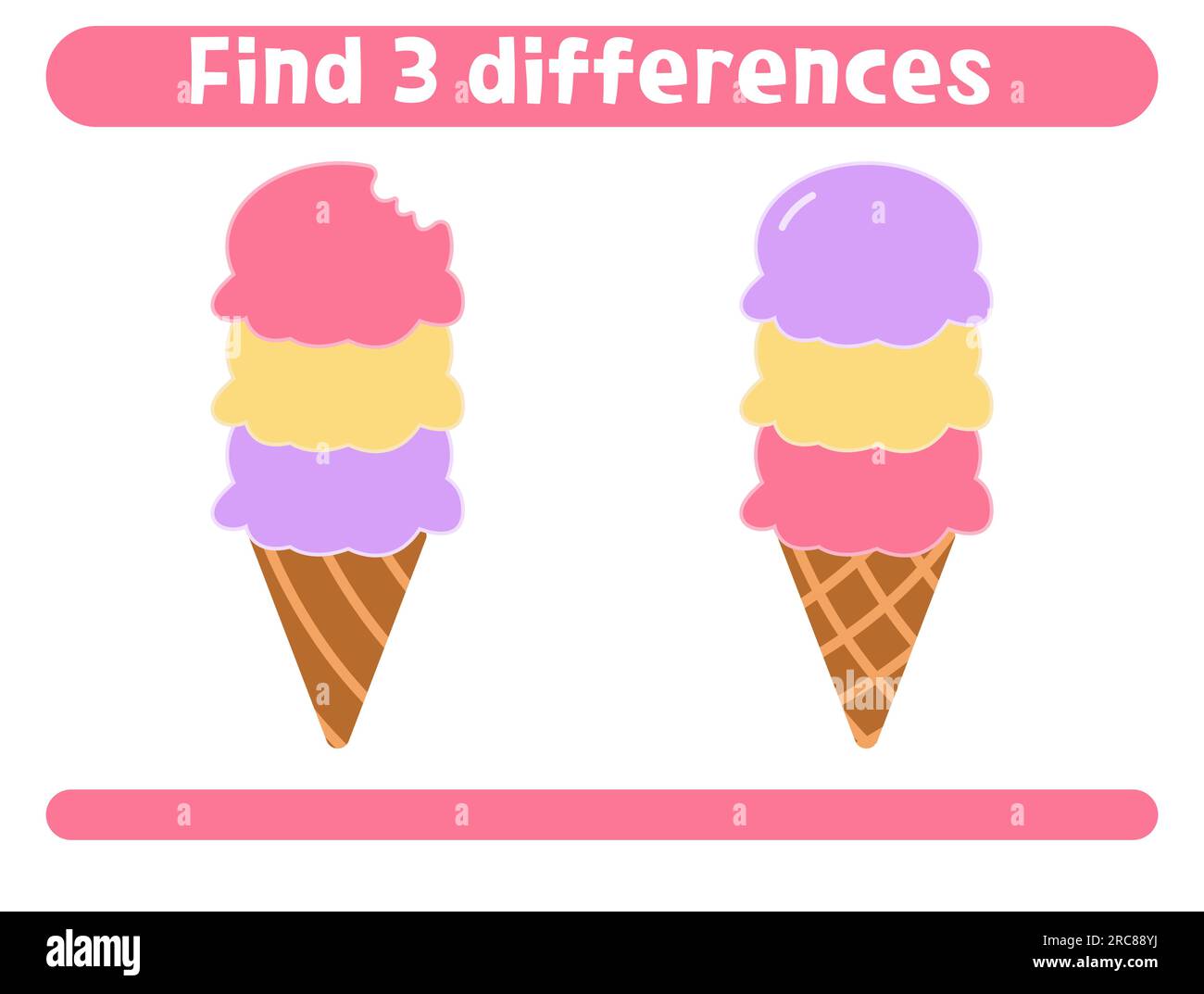 Find three differences. Cute ice cream. Worksheet for kids. Stock Vector