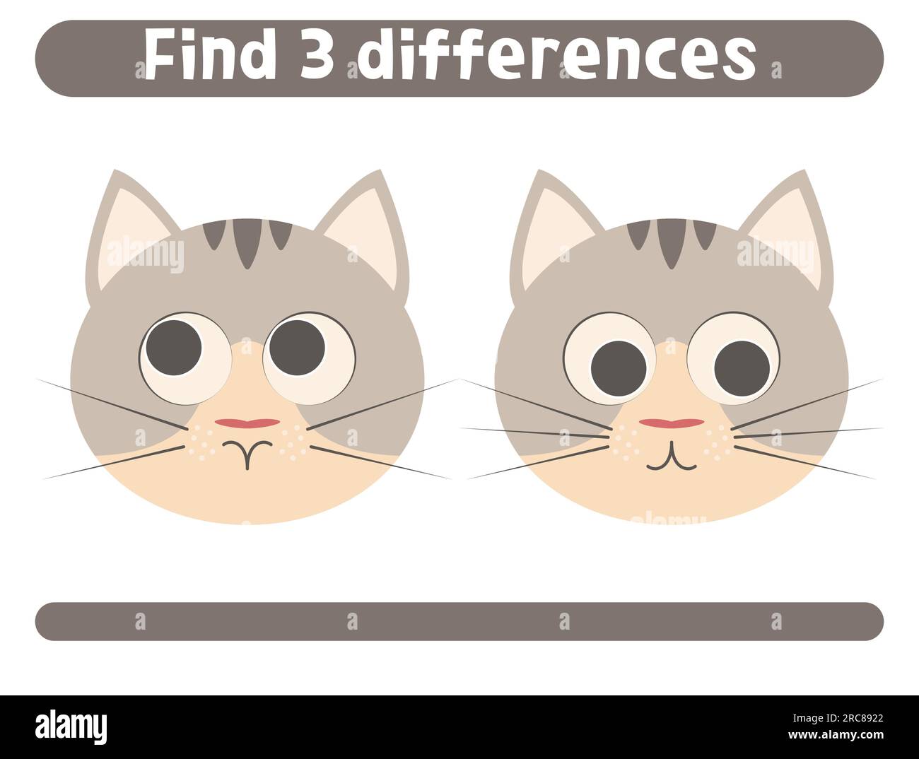 Find Three Differences Cute Little Cat Worksheet For Kids Vector