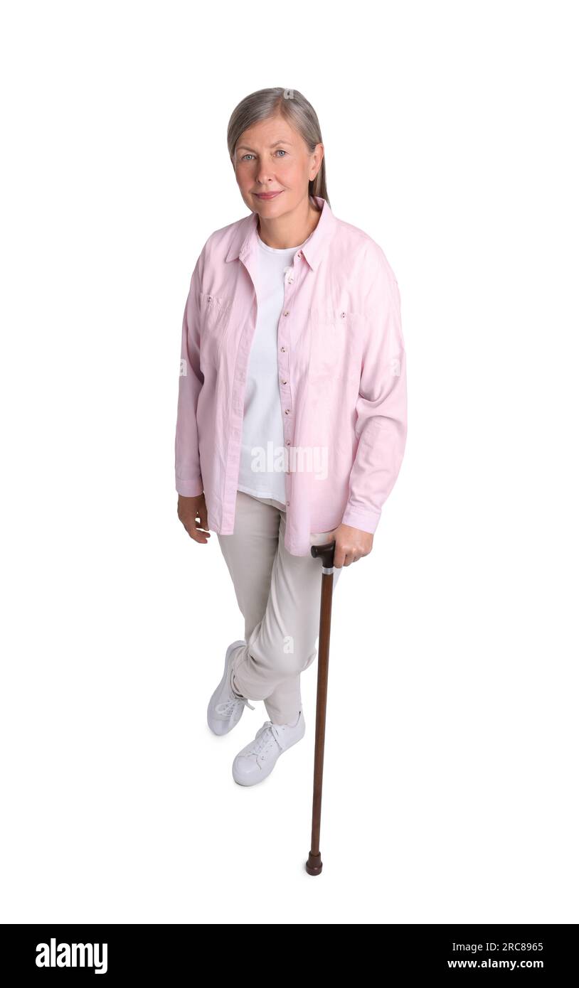Senior woman with walking cane on white background, above view Stock ...