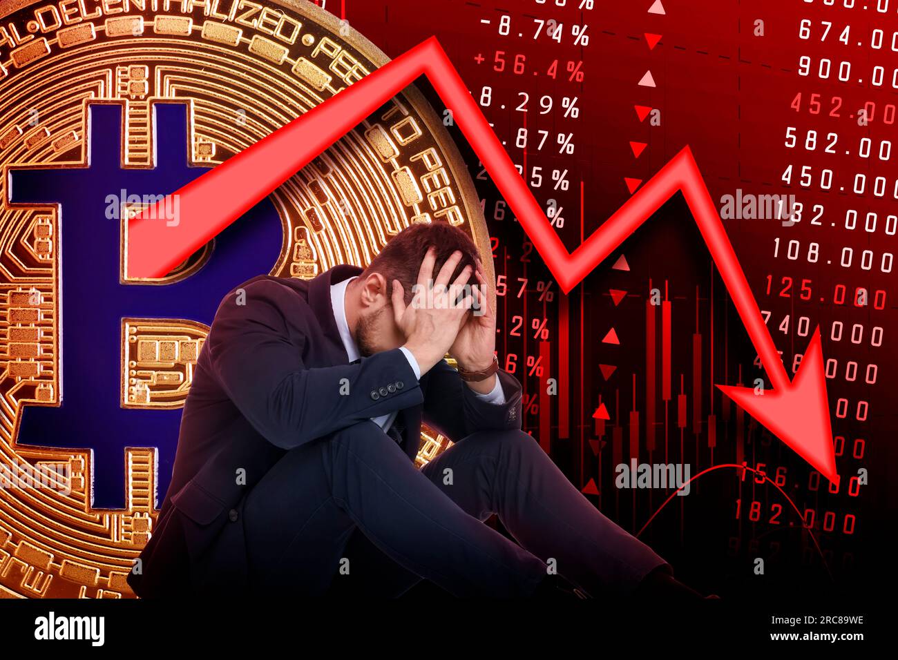 Cryptocurrency collapse. Collage with photo of stressed trader, bitcoin and data charts Stock Photo