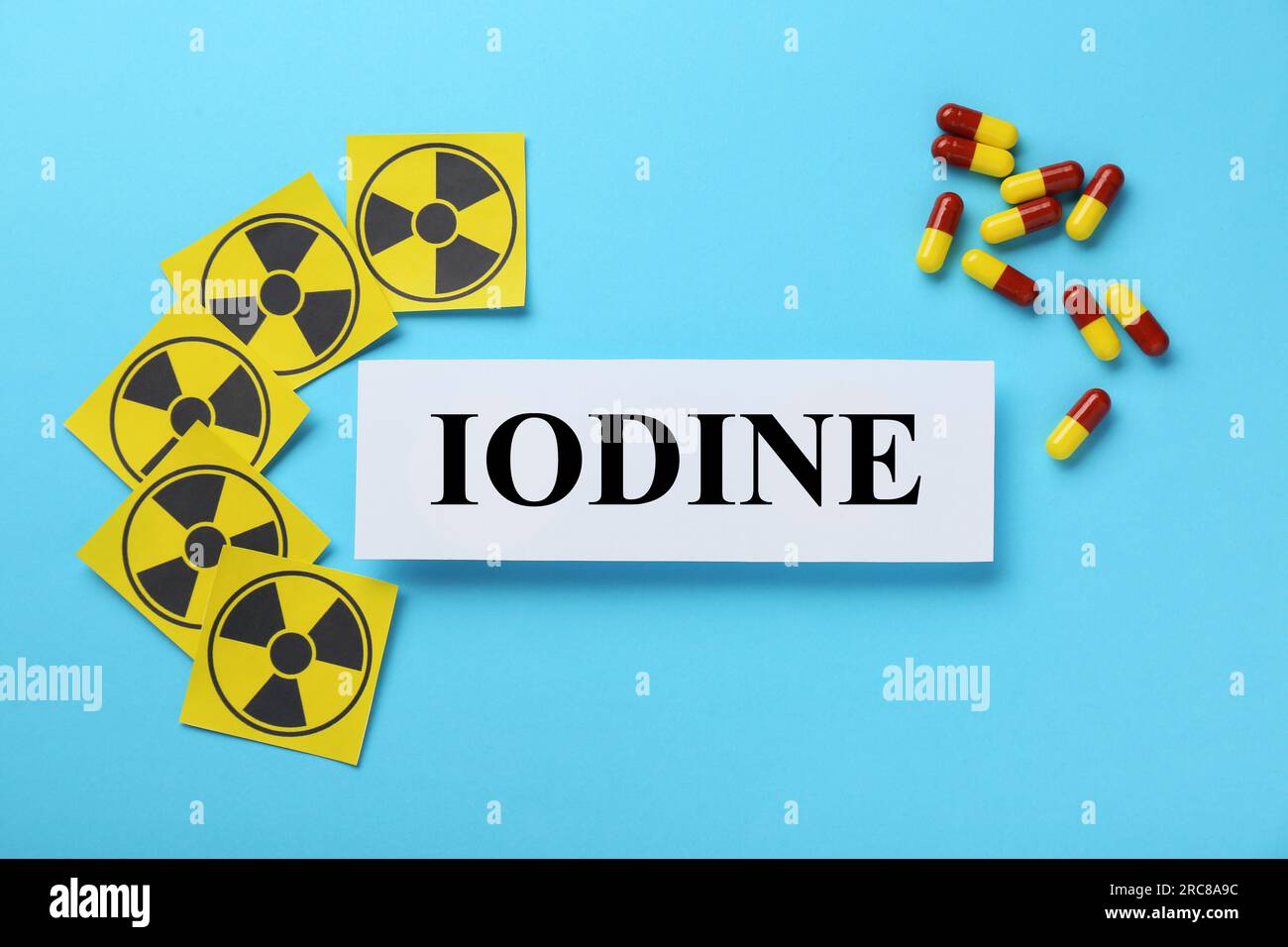 Paper note with word Iodine, radiation signs and pills on light blue