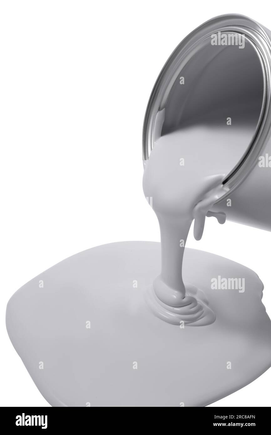 Pouring paint from can on white background, closeup Stock Photo Alamy