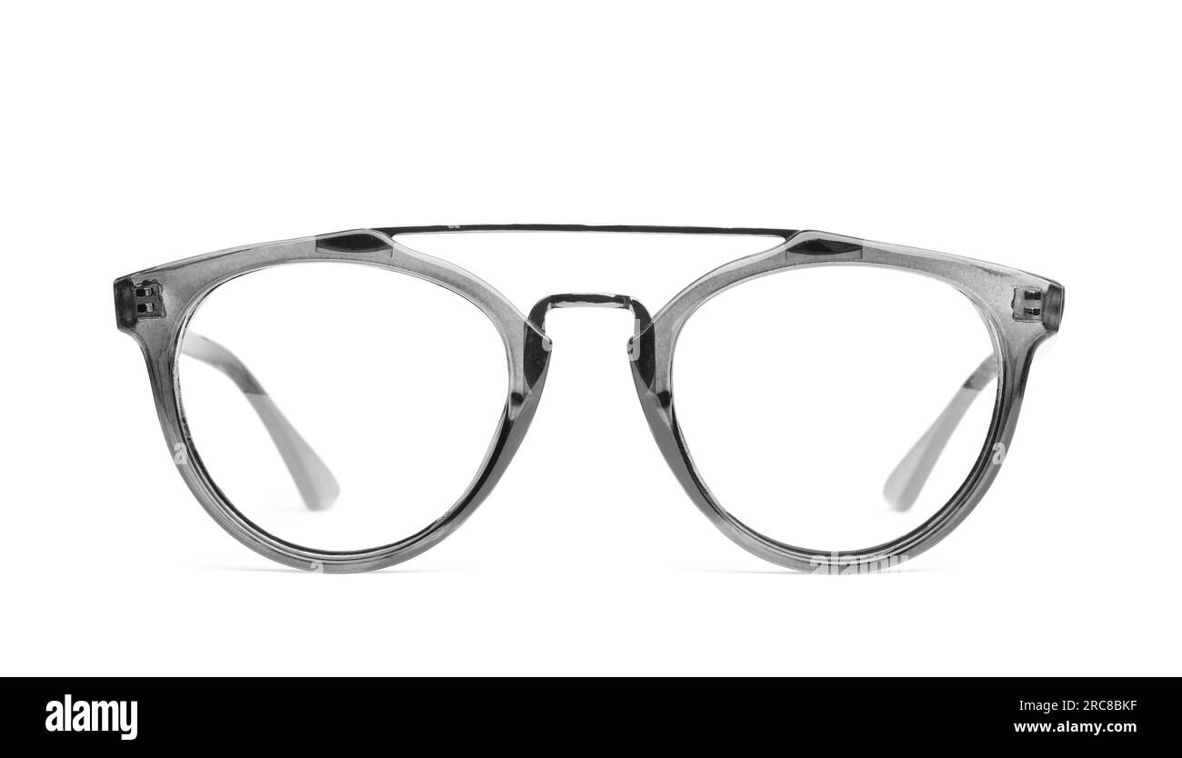 Stylish glasses with grey frame isolated on white Stock Photo Alamy
