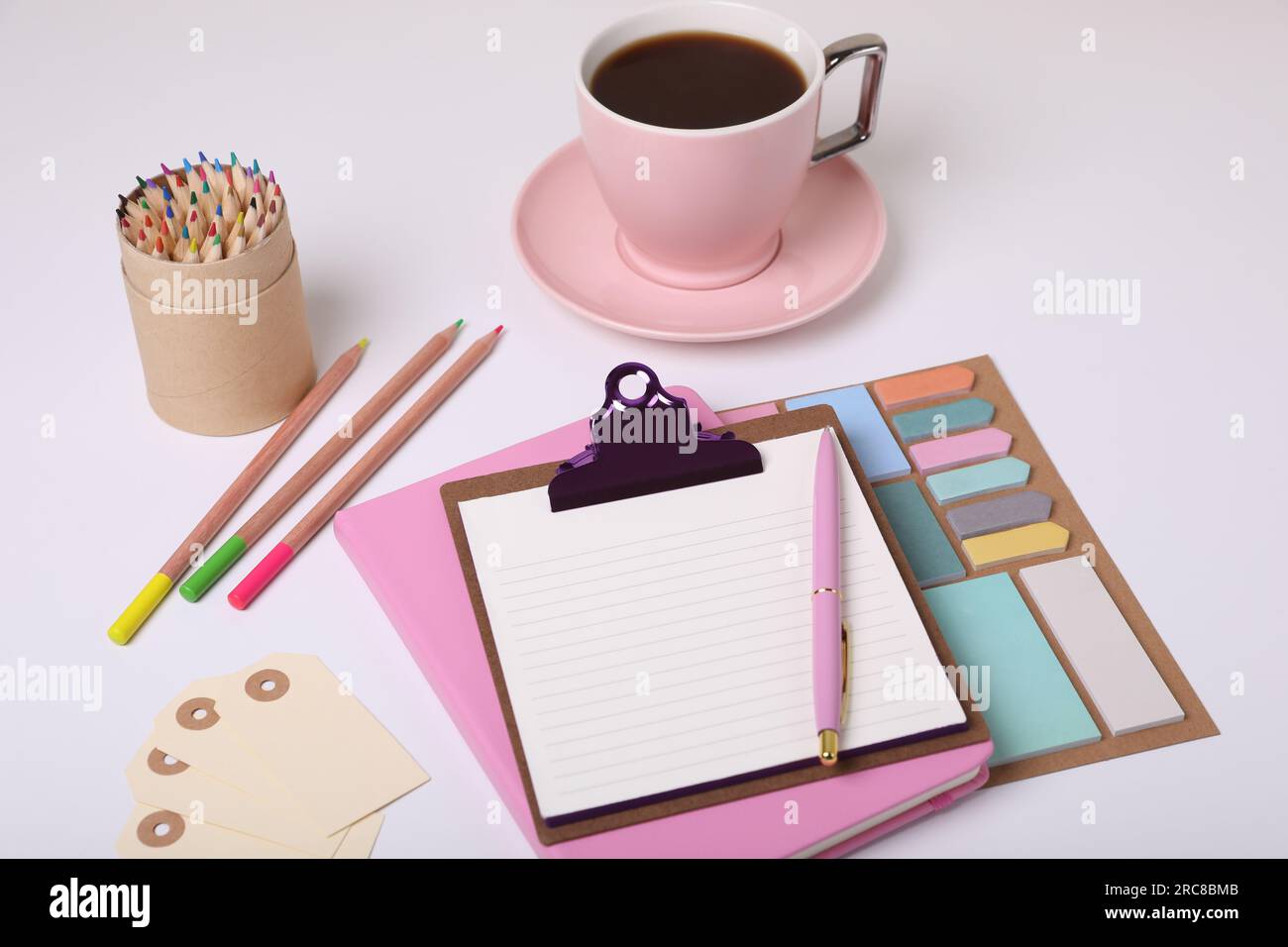 To do notes, planner, stationery and coffee on white background Stock ...