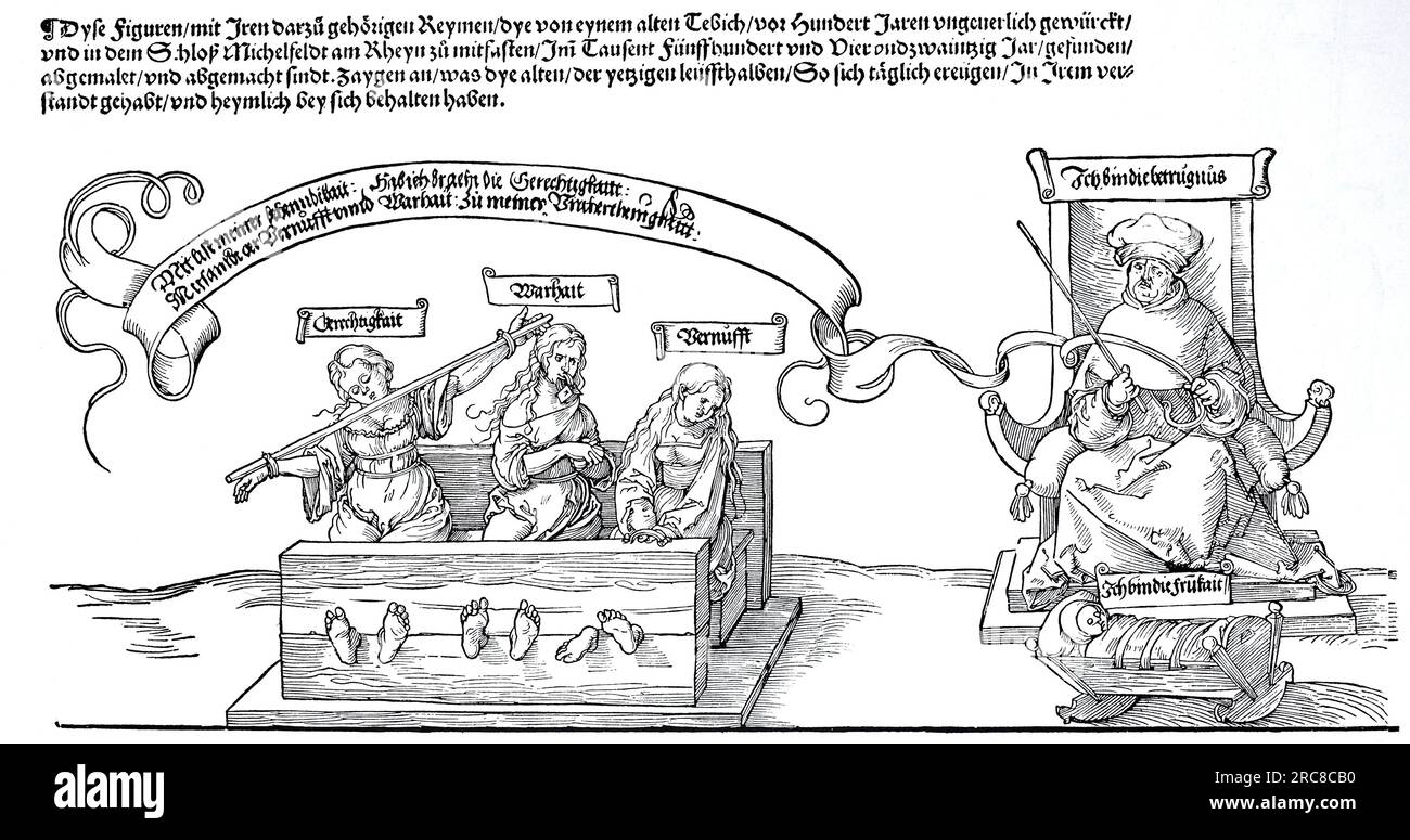 The tapestry of Michelfeld. Fraud is seated on the throne, at his feet ...