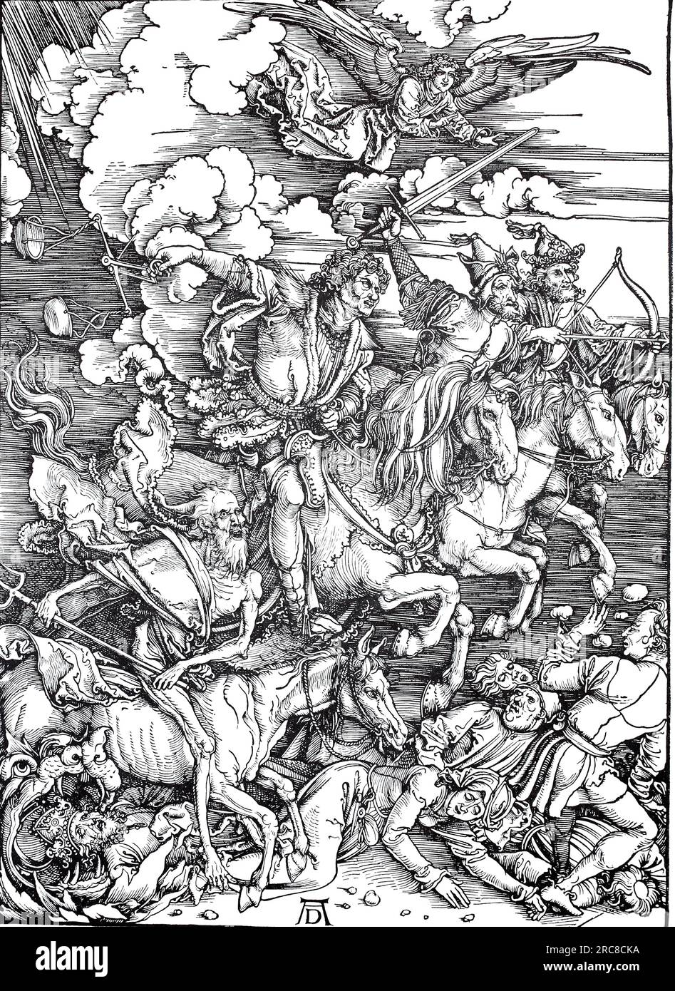 The Apocalypse, thr four riders of the Apocalypse, woodcut by Albrecht Dürer, historical, digital improved reproduktion of an old woodcut Stock Photo