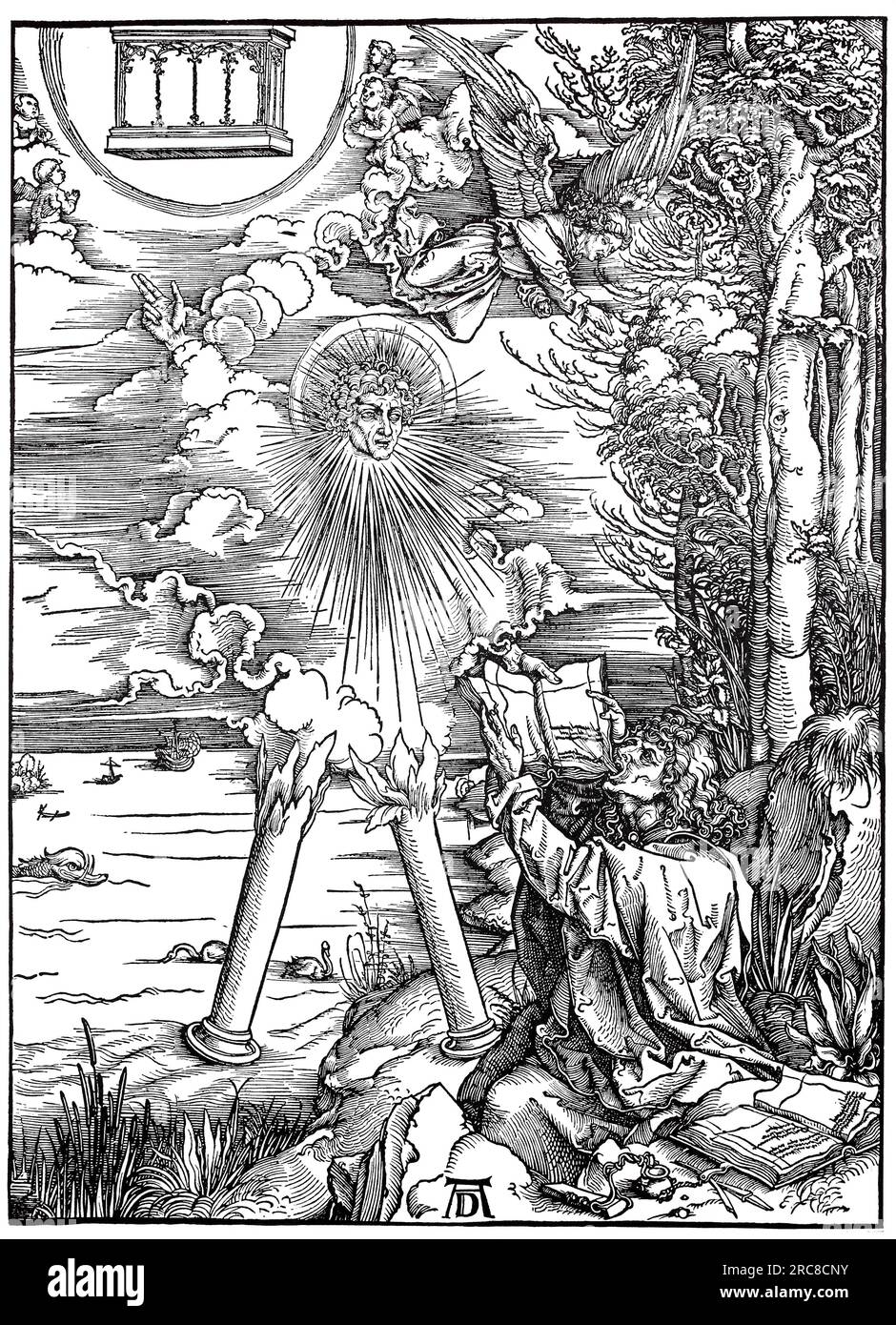 The Apocalypse, St.  John devours the book, woodcut by Albrecht Dürer, historical, digital improved reproduktion of an old woodcut Stock Photo