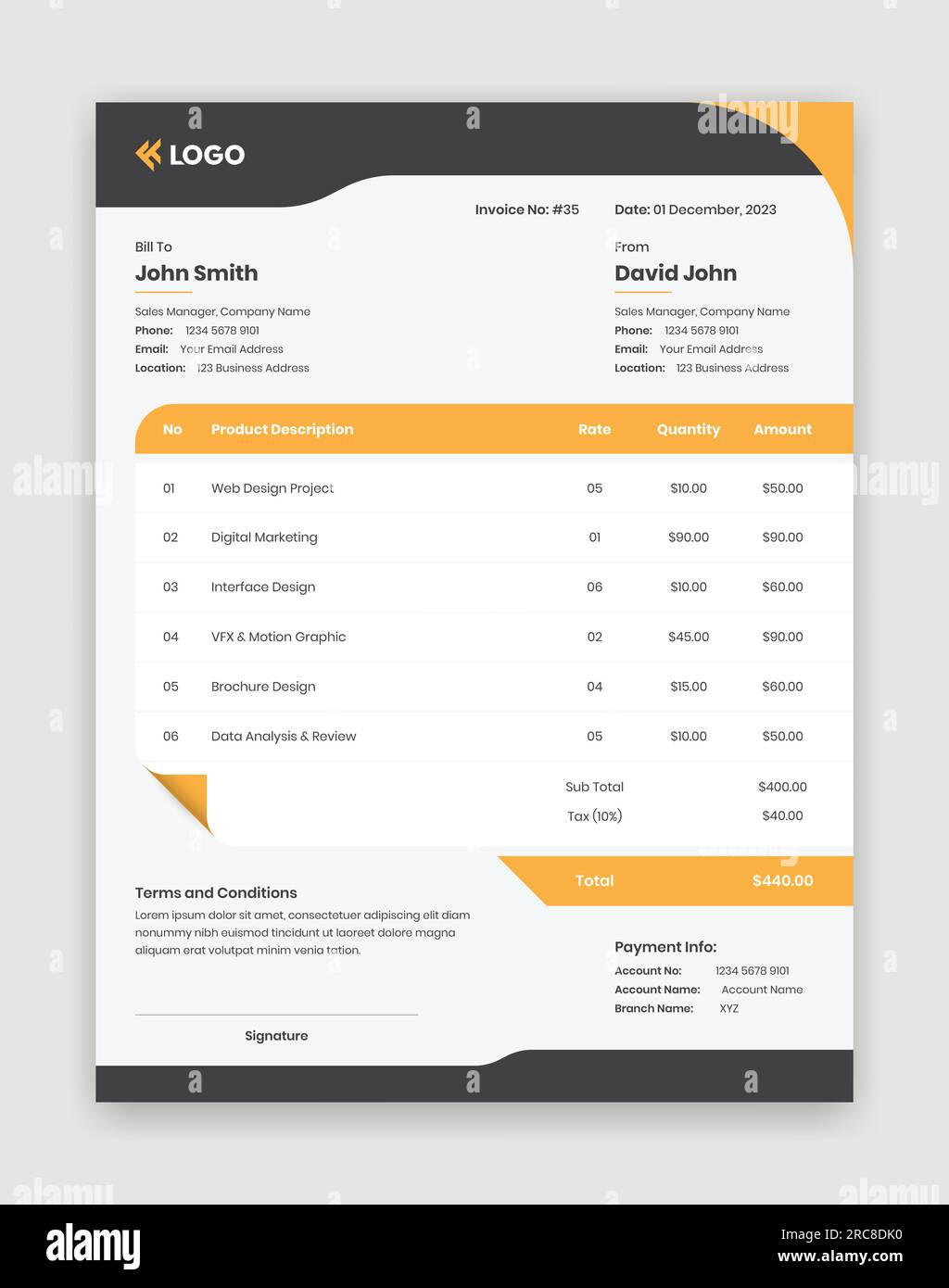 Simple designed bill receipt or invoice template for digital agencies and business Stock Vector