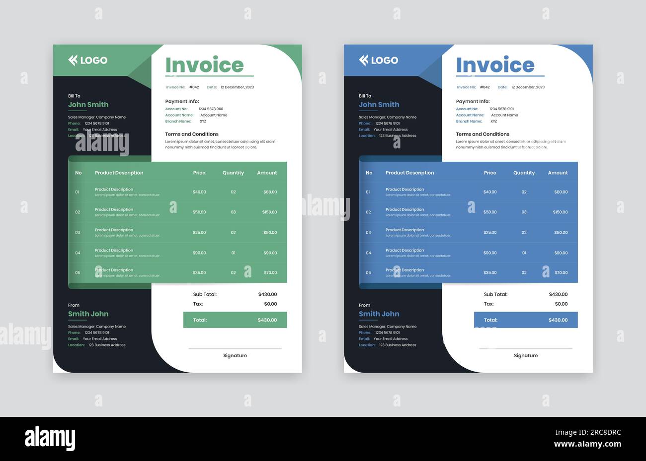Corporate business invoice or bill receipt template with two color