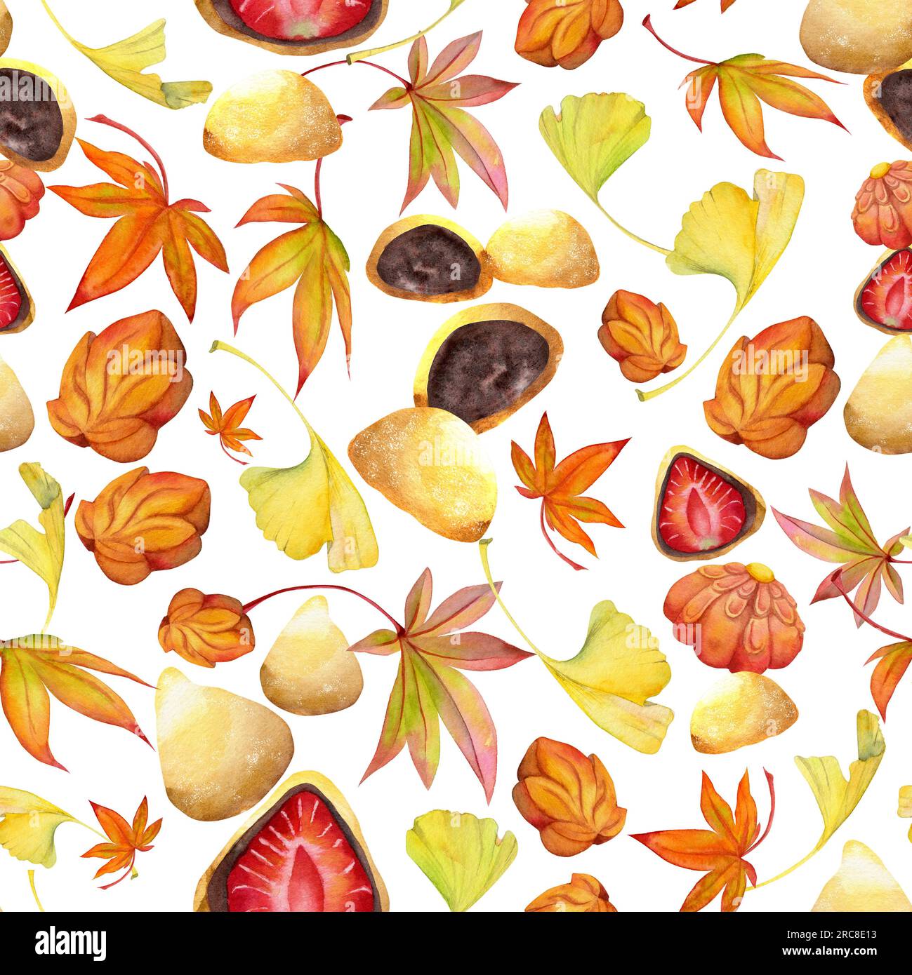Watercolor seamless pattern with hand drawn traditional Japanese sweets