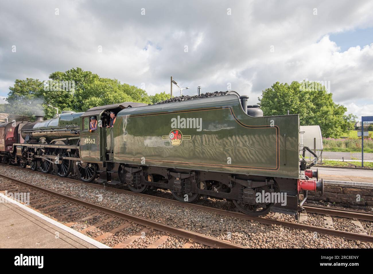 r Leone steam train heading (in reverse) towards pick-up point for carriages in Hellifield . Dalesman steam train on Settle & Carlisle line. Stock Photo