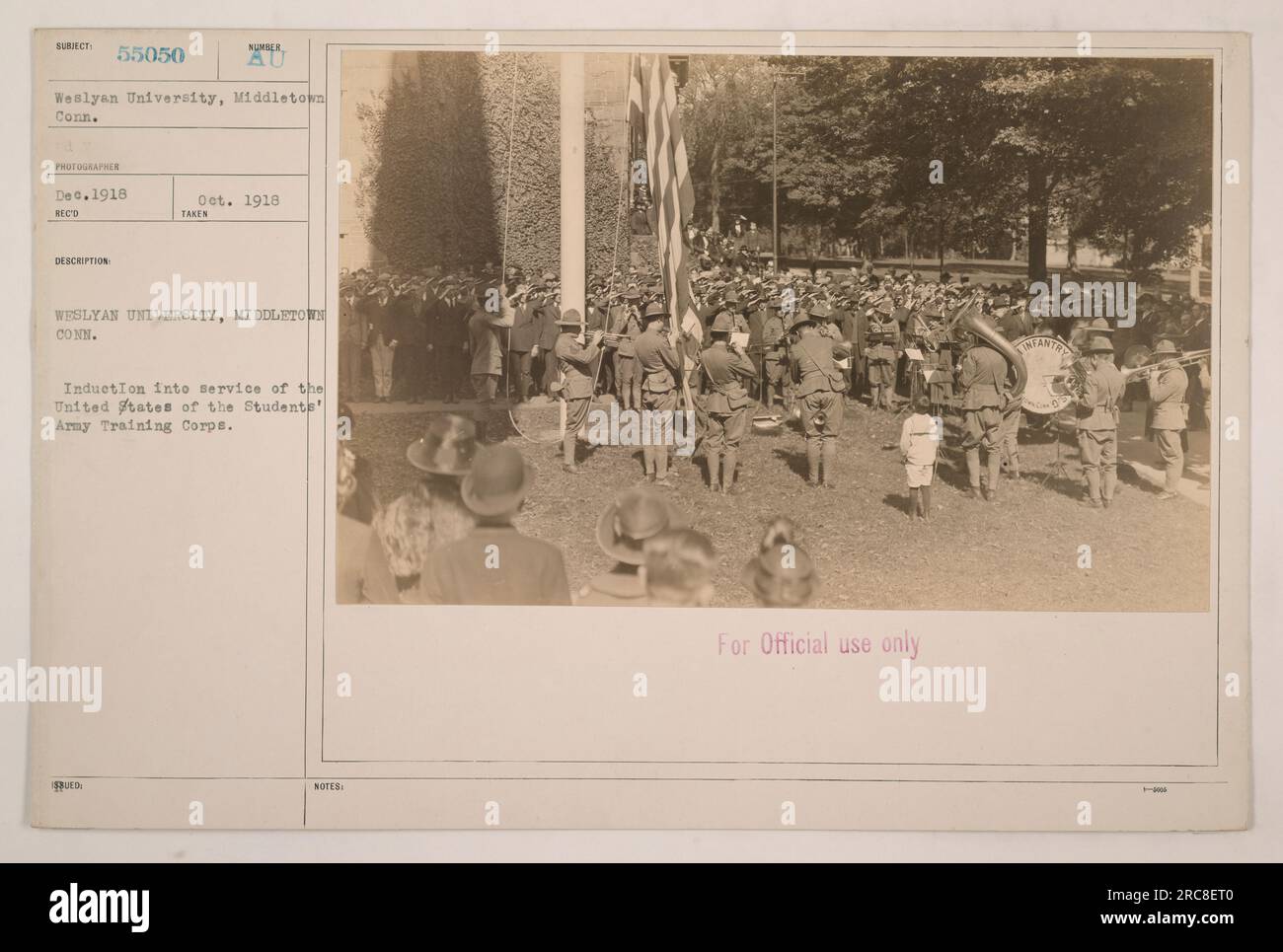 Weslyan University in Middletown, Connecticut. The image captures the induction ceremony of the United States Students Army Training Corps (SATC) at Weslyan. The photograph was taken in December 1918, during World War One. This image is for official use only. Stock Photo