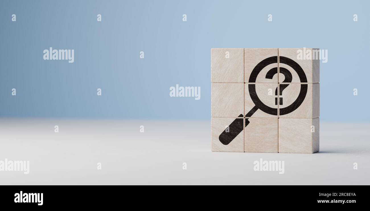 Cubes with question marks and magnifying glass analyzing question. question mark symbol on blue background. Problem, solution, confusion counseling Stock Photo