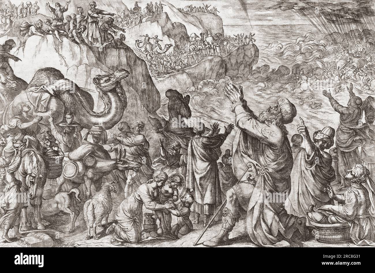 After having parted to allow Moses and his people to escape Egypt, the Red Sea closes and drowns Pharaoh's Army.  The Bible.  Old Testament.  Exodus 15:4.  After a 17th century etching by Antonio Tempesta. Stock Photo
