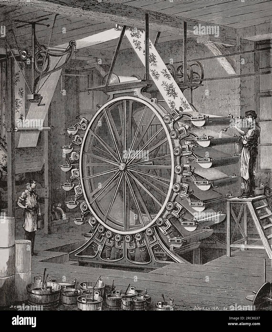 19th century wallpaper printing machine.  After an illustration in Les merveilles de l'industrie, by Louis Figuier, published 1877. Stock Photo