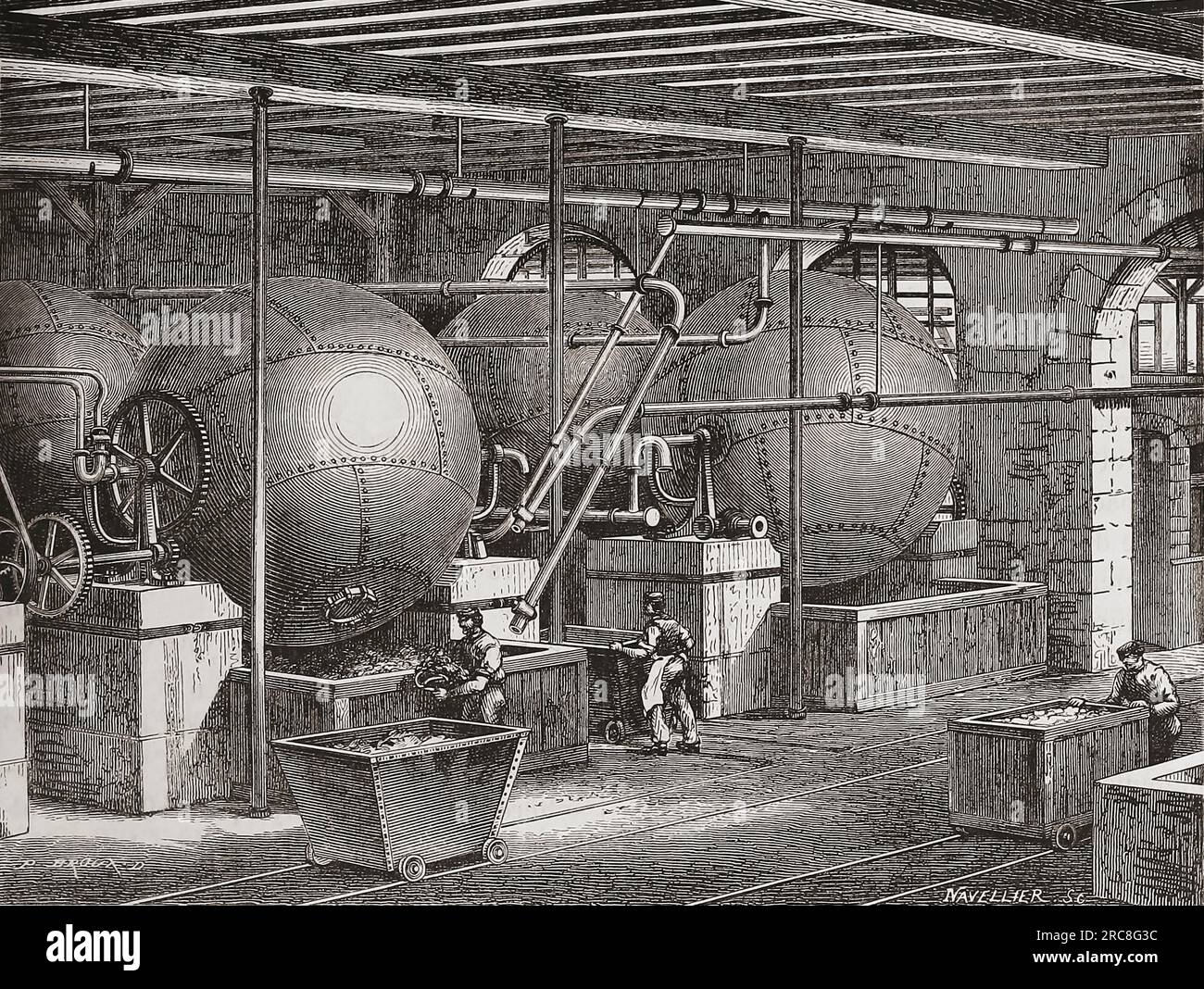 19th century cylindrical rotary boilers processing rags for rag paper.  After an illustration in Les merveilles de l'industrie, by Louis Figuier, published 1877. Stock Photo