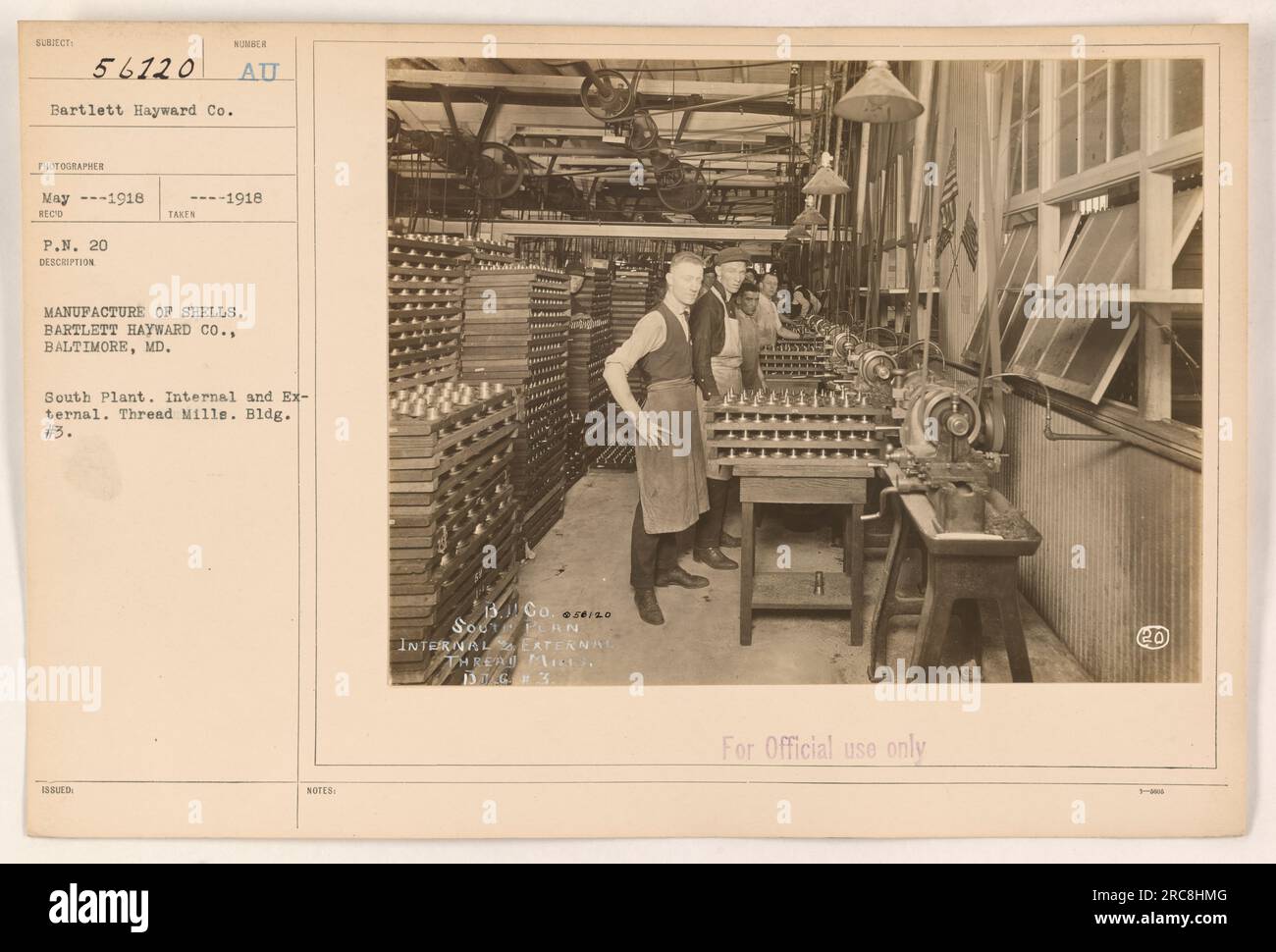 'Image depicting the manufacture of shells at Bartlett-Hayward Co., Baltimore, Md. in their South plant. The photo shows the internal and external parts of the shell production process, particularly the thread mills in Building #3.' Stock Photo