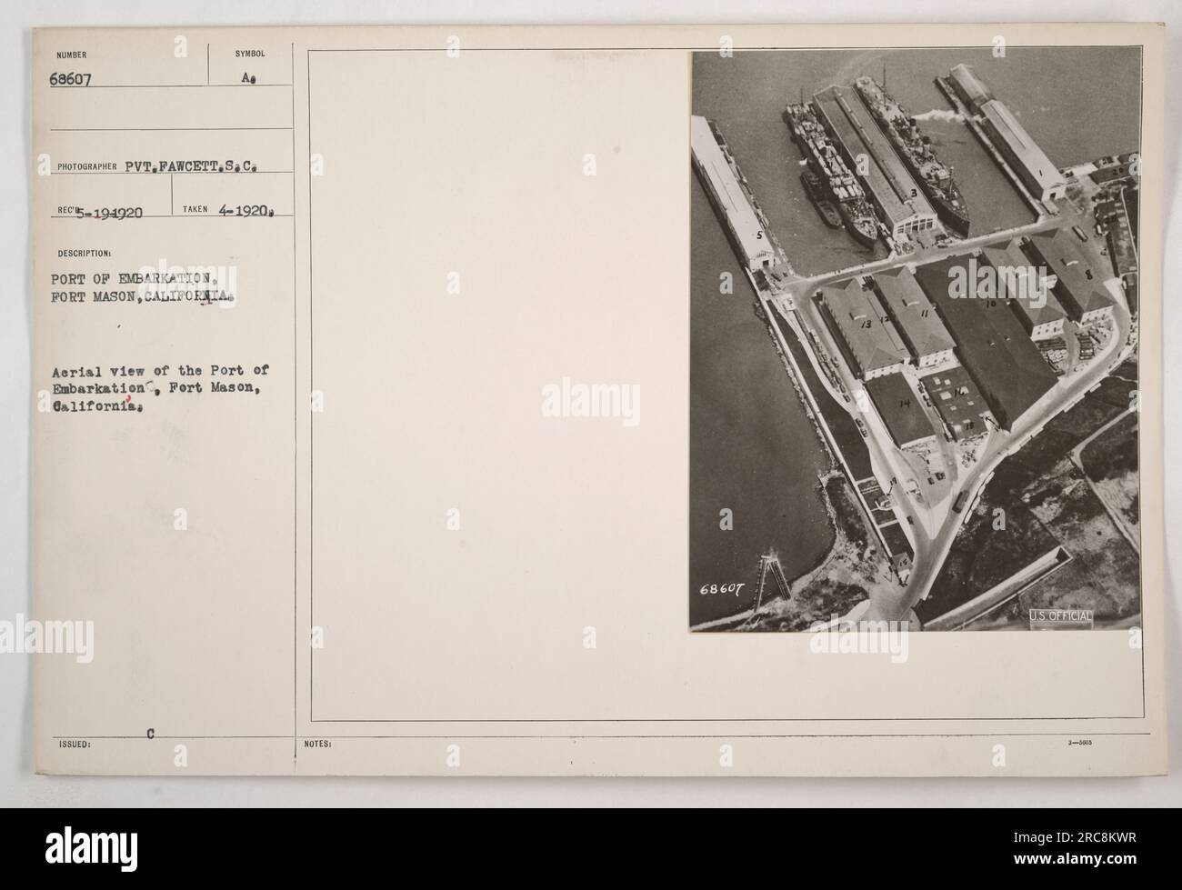 Aerial view of the Port of Embarkation, Fort Mason, California. This